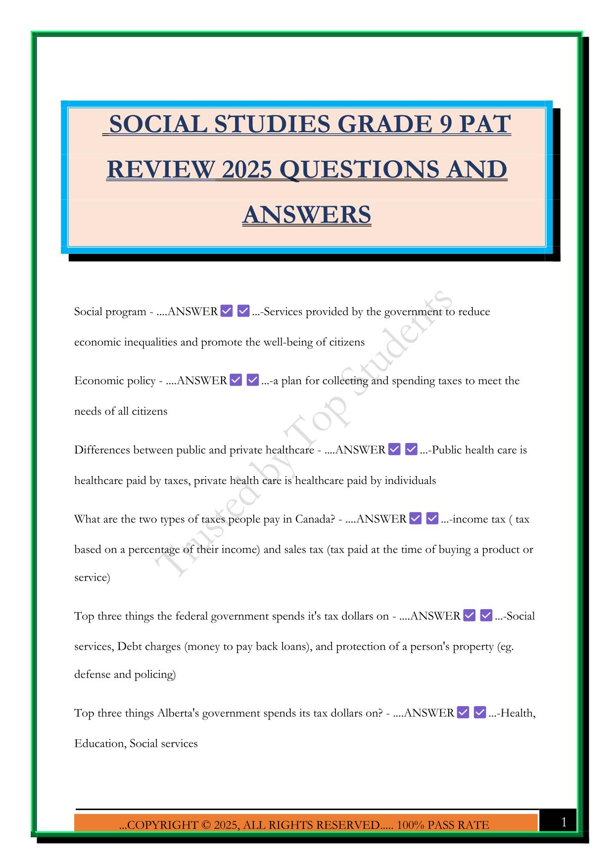 SOCIAL STUDIES GRADE 9 PAT REVIEW 2025 QUESTIONS AND ANSWERS