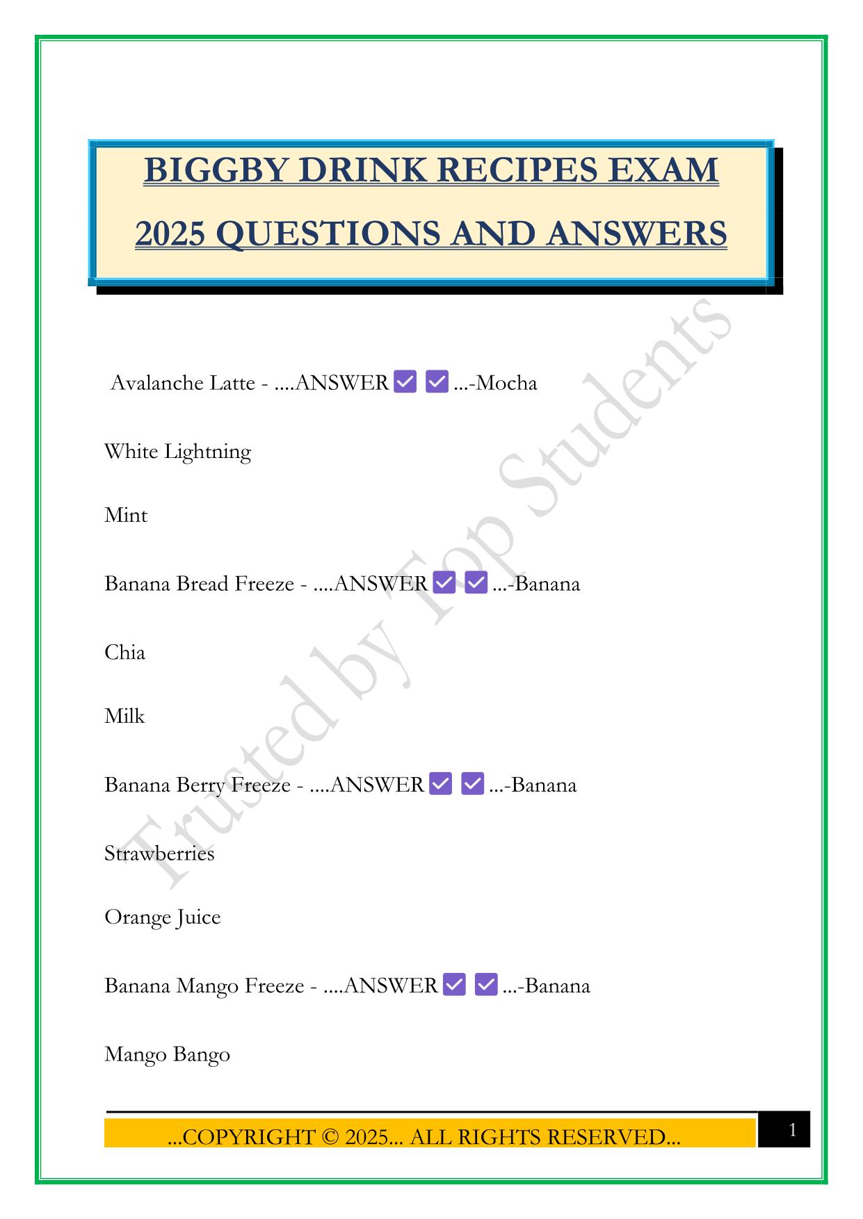 BIGGBY DRINK RECIPES EXAM 2025 QUESTIONS AND ANSWERS