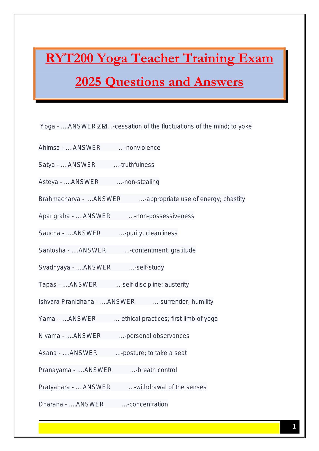 RYT200 Yoga Teacher Training Exam 2025 Questions and Answers