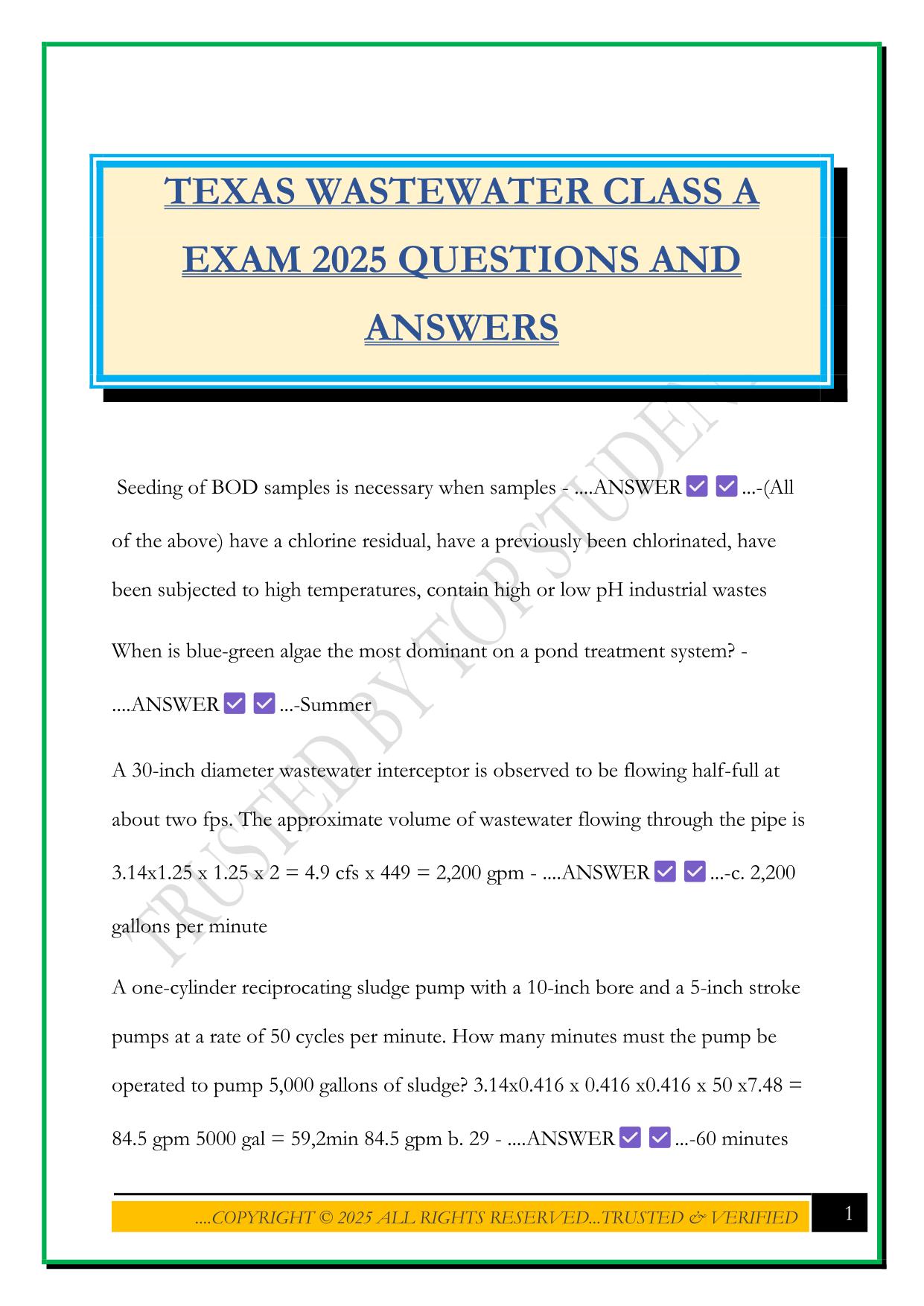 TEXAS WASTEWATER CLASS A EXAM 2025 QUESTIONS AND ANSWERS
