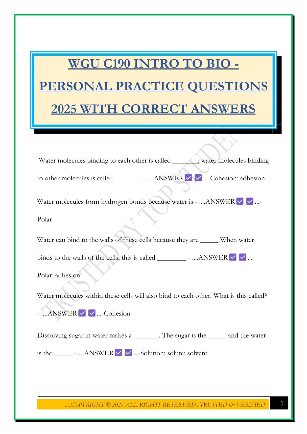 WGU C190 INTRO TO BIO - PERSONAL PRACTICE QUESTIONS 2025 WITH CORRECT ANSWERS