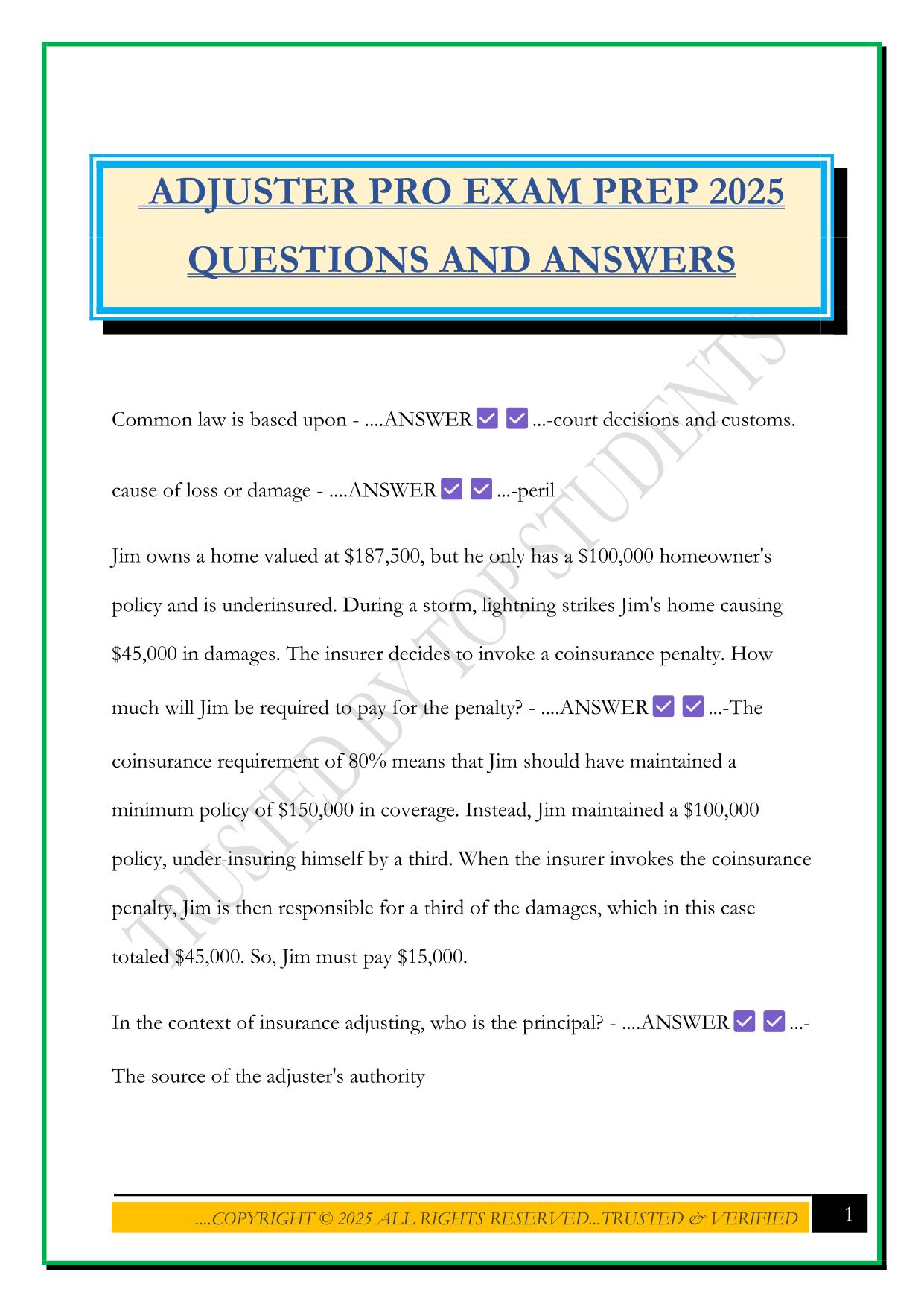 ADJUSTER PRO EXAM PREP 2025 QUESTIONS AND ANSWERS