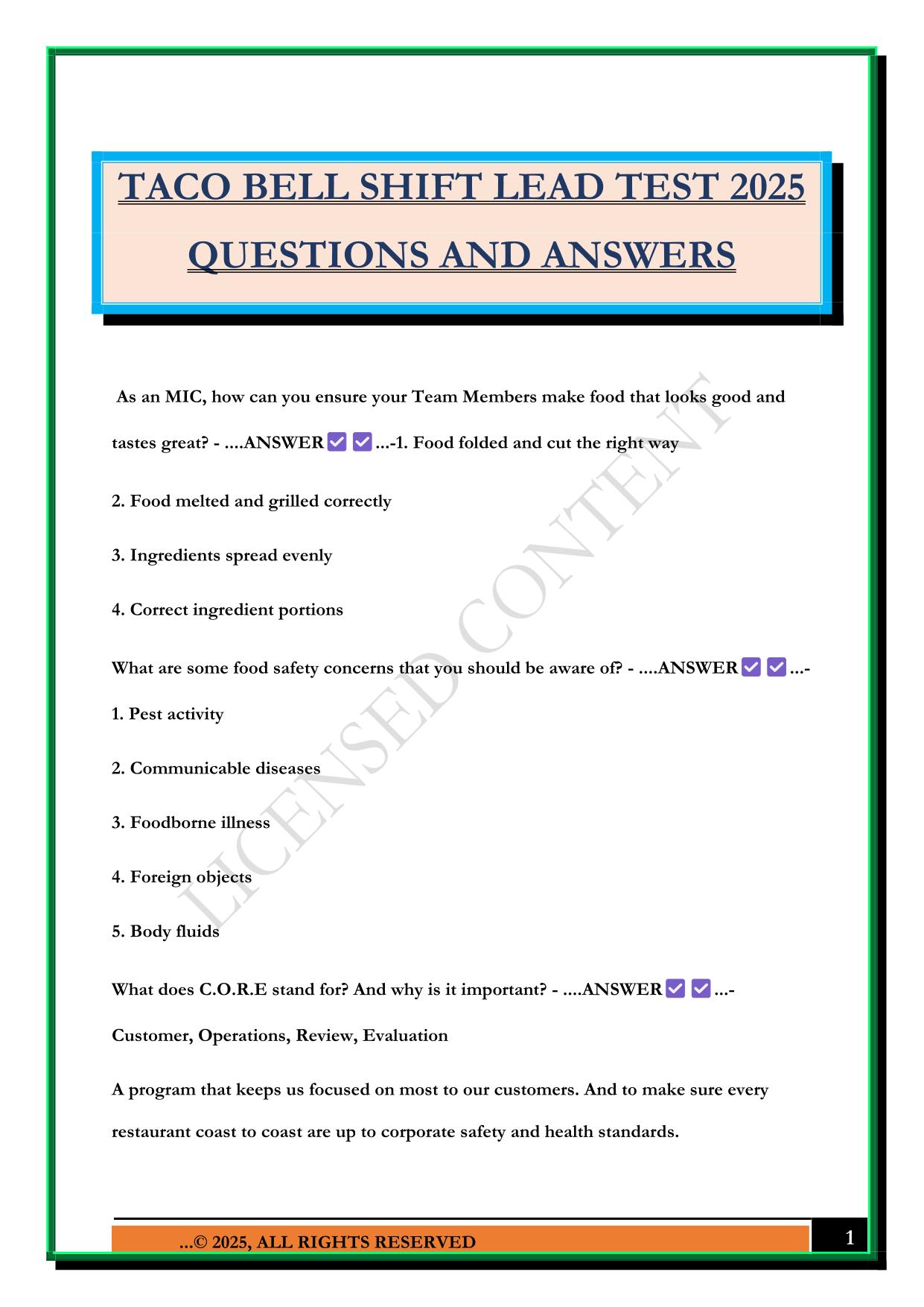 TACO BELL SHIFT LEAD TEST 2025 QUESTIONS AND ANSWERS