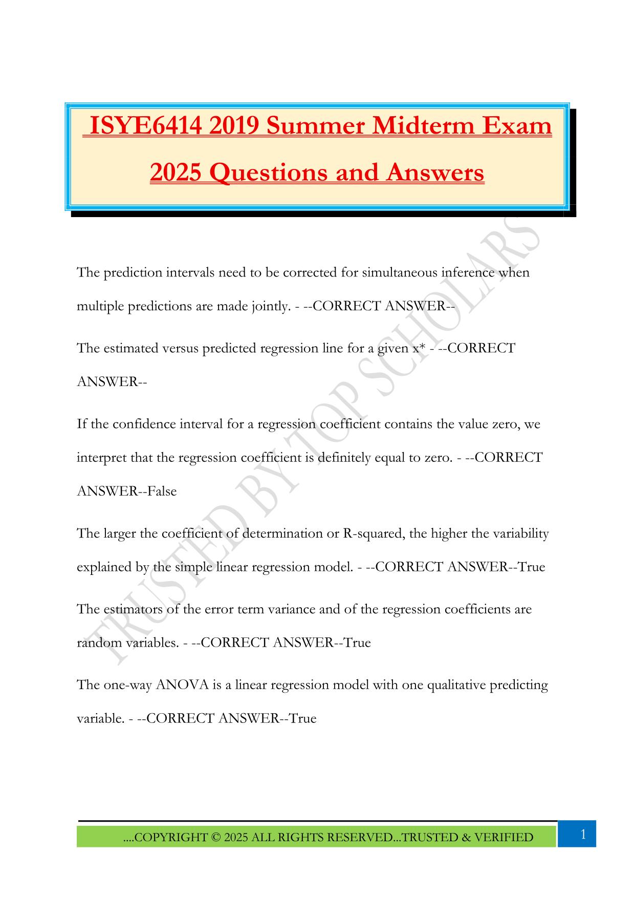 ISYE6414 2019 Summer Midterm Exam 2025 Questions and Answer