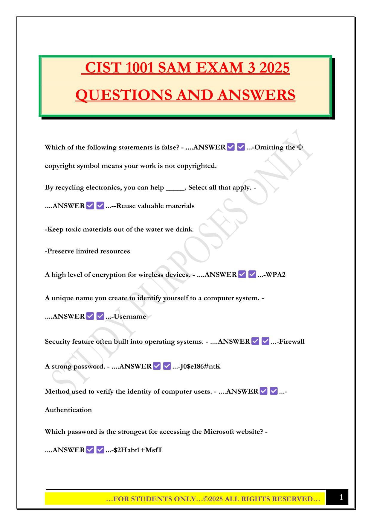 CIST 1001 SAM EXAM 3 2025 QUESTIONS AND ANSWERS