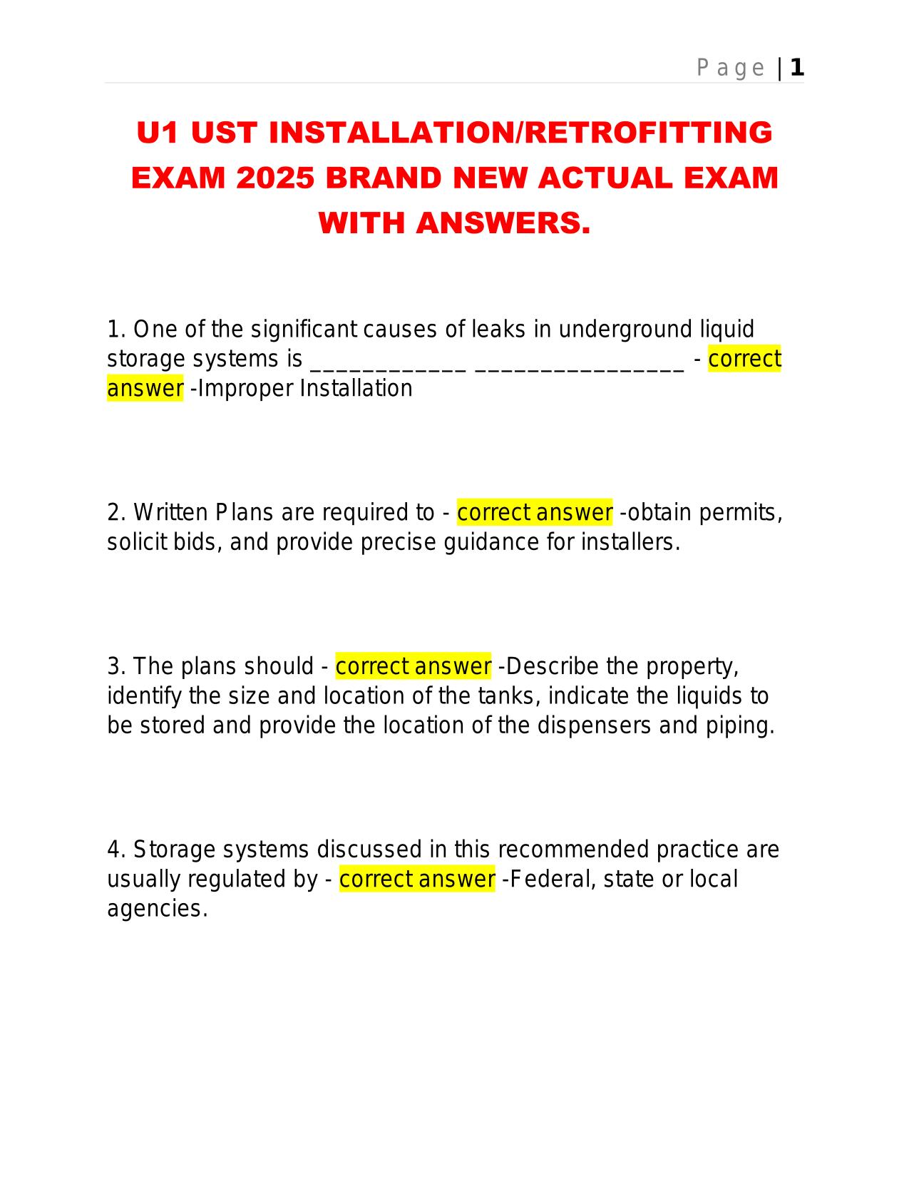 U1 UST INSTALLATION/RETROFITTING EXAM 2025 BRAND NEW ACTUAL EXAM WITH ANSWERS.