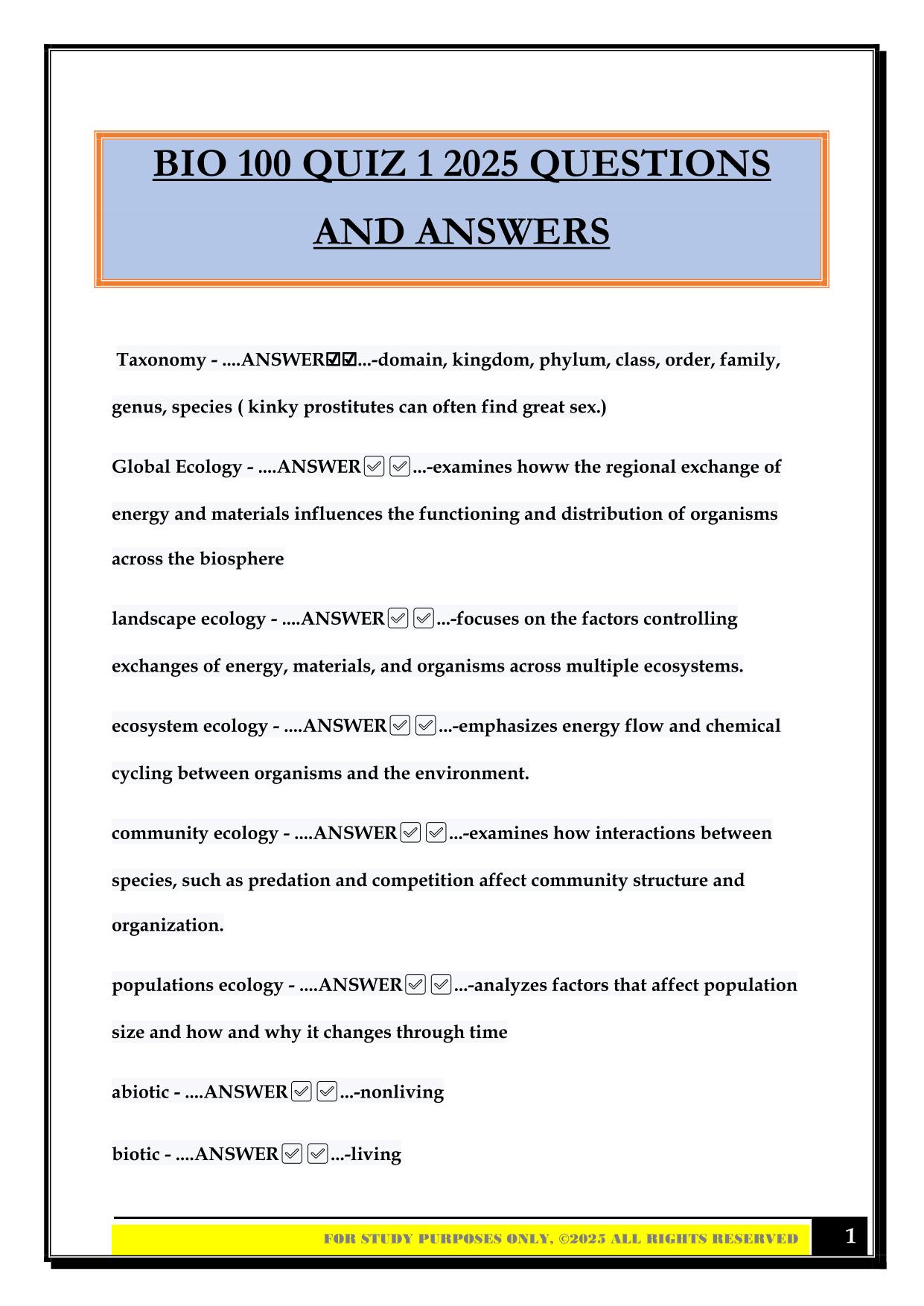 BIO 100 QUIZ 1 2025 QUESTIONS AND ANSWERS