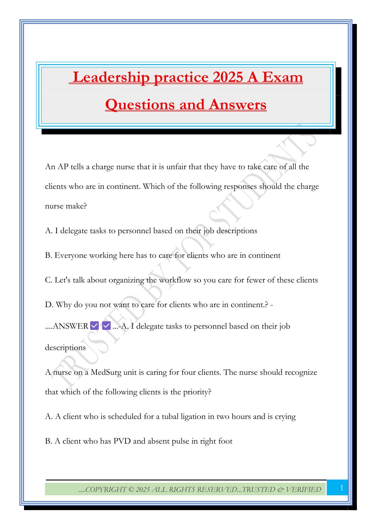 Leadership practice 2025 A Exam Questions and Answers