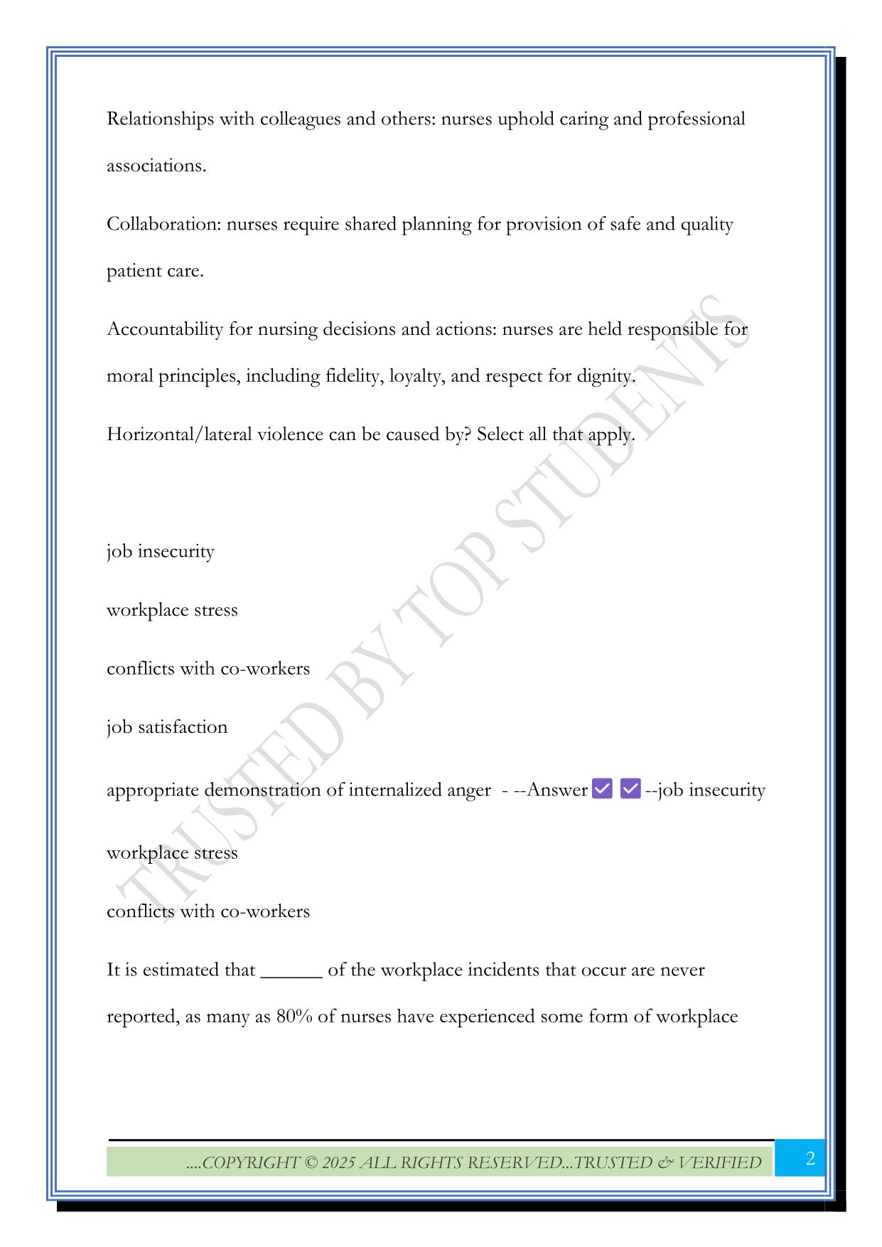 Lateral/Horizontal Violence Exam 2025 Questions and Answers