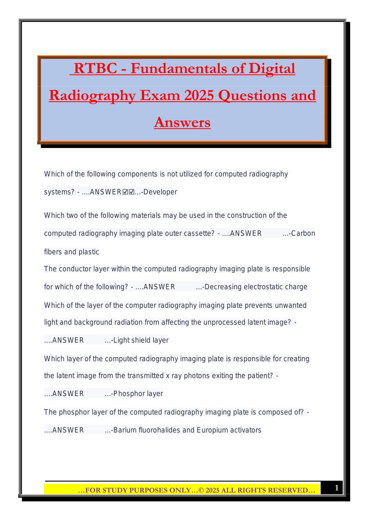 RTBC - Fundamentals of Digital Radiography Exam 2025 Questions and Answers