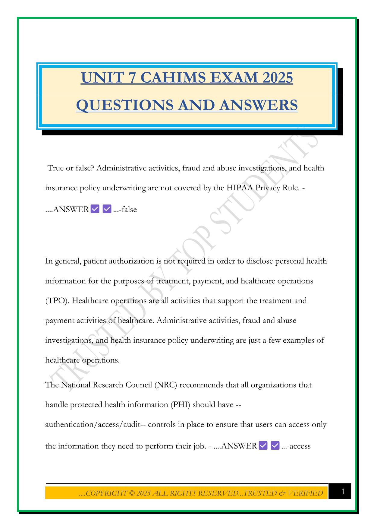 UNIT 7 CAHIMS EXAM 2025 QUESTIONS AND ANSWERS