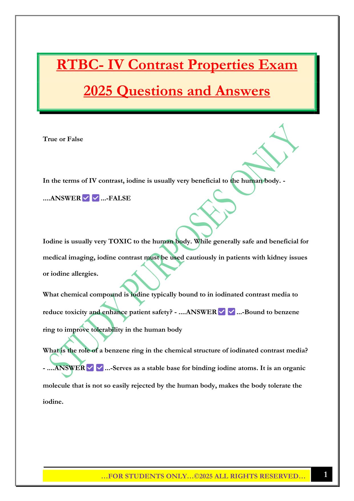 RTBC- IV Contrast Properties Exam 2025 Questions and Answers