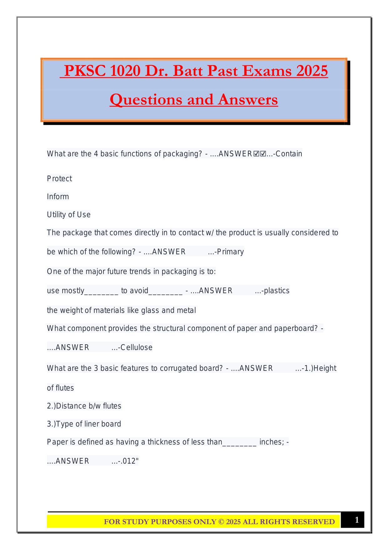 PKSC 1020 Dr. Batt Past Exams 2025 Questions and Answers