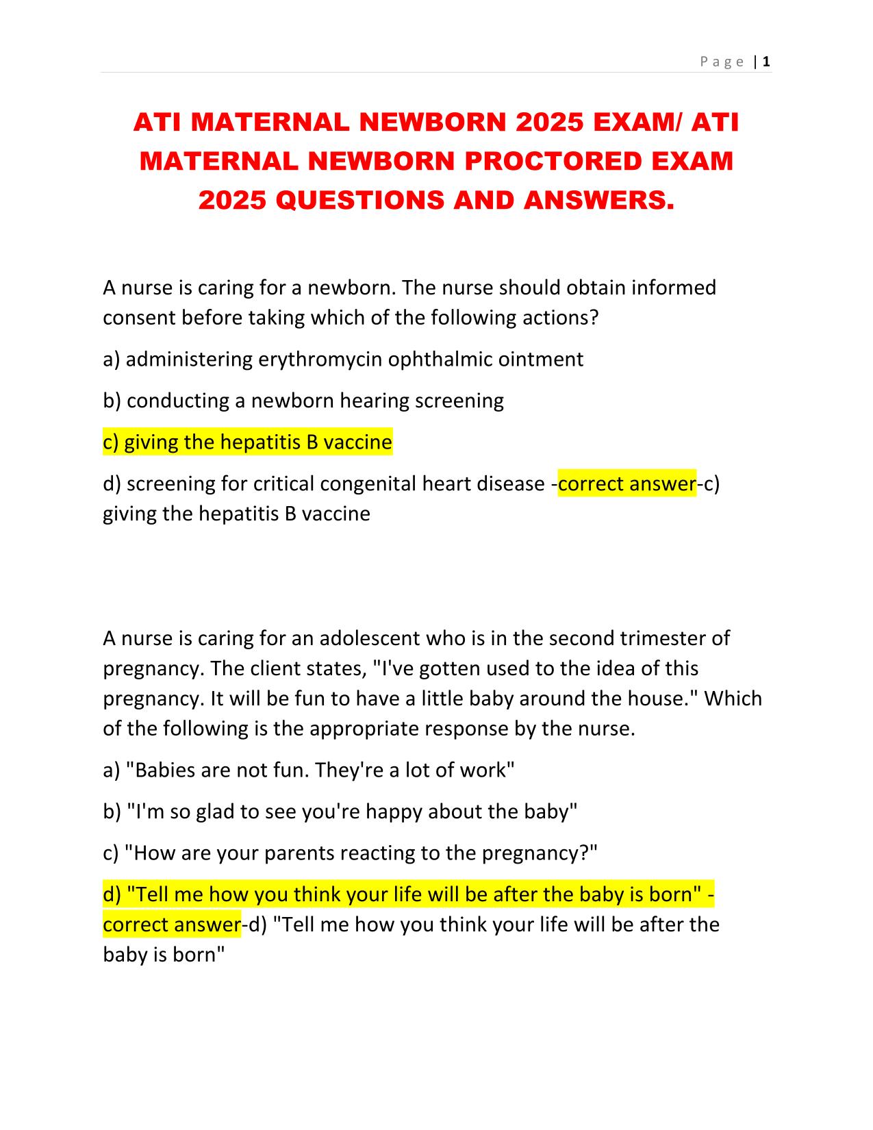 ATI MATERNAL NEWBORN 2025 EXAM/ ATI MATERNAL NEWBORN PROCTORED EXAM 2025 QUESTIONS AND ANSWERS.