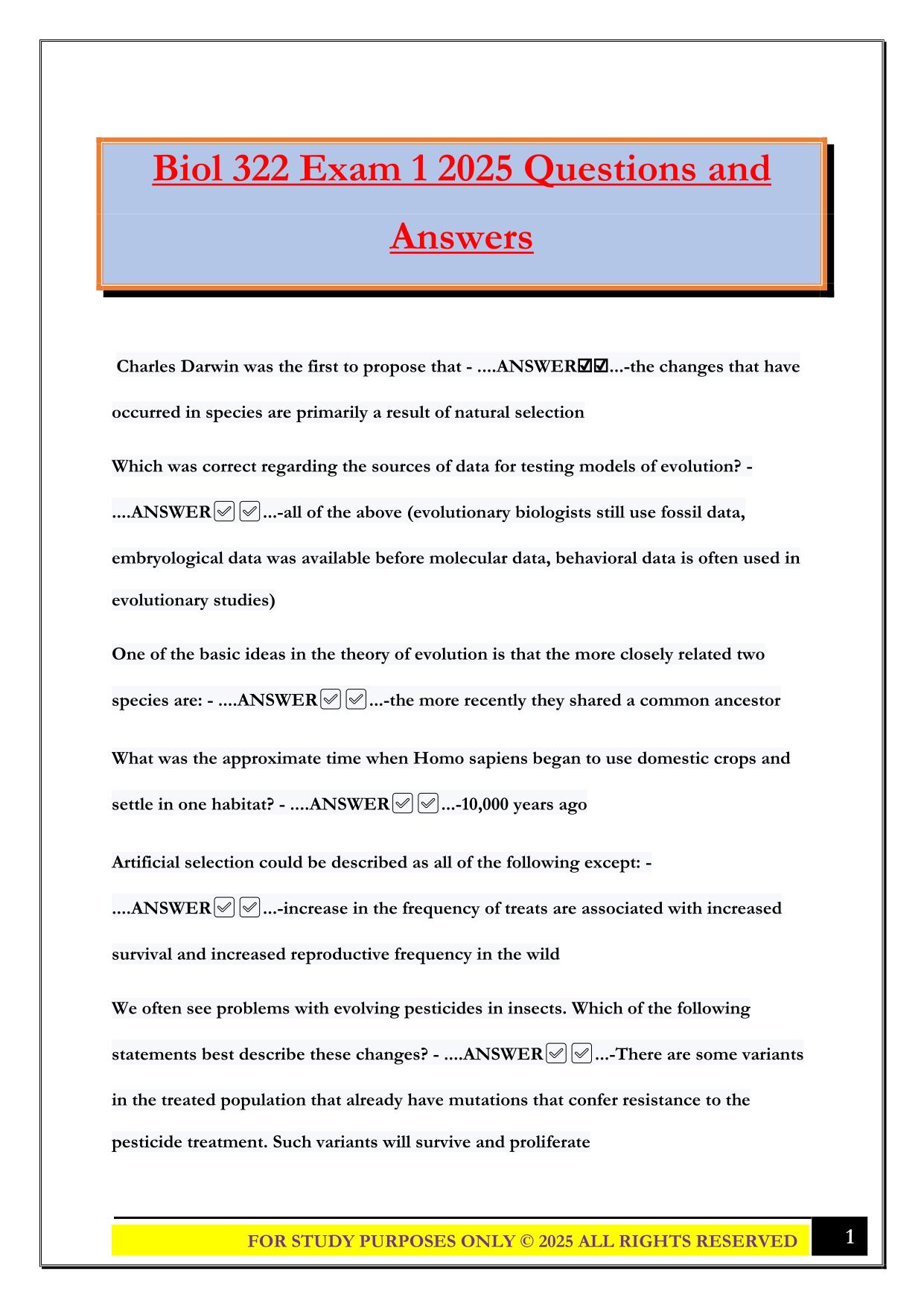 Biol 322 Exam 1 2025 Questions and Answers