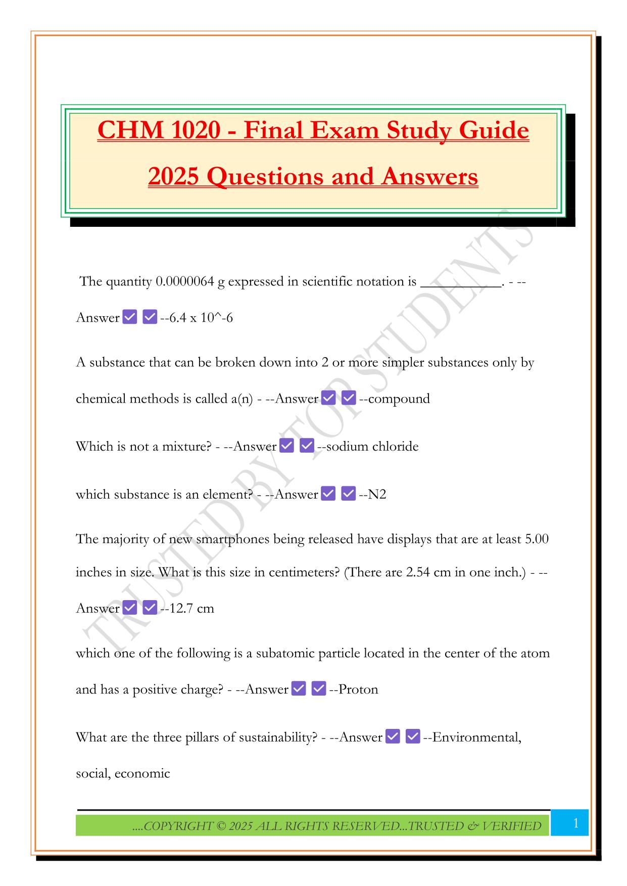CHM 1020 - Final Exam Study Guide 2025 Questions and Answers