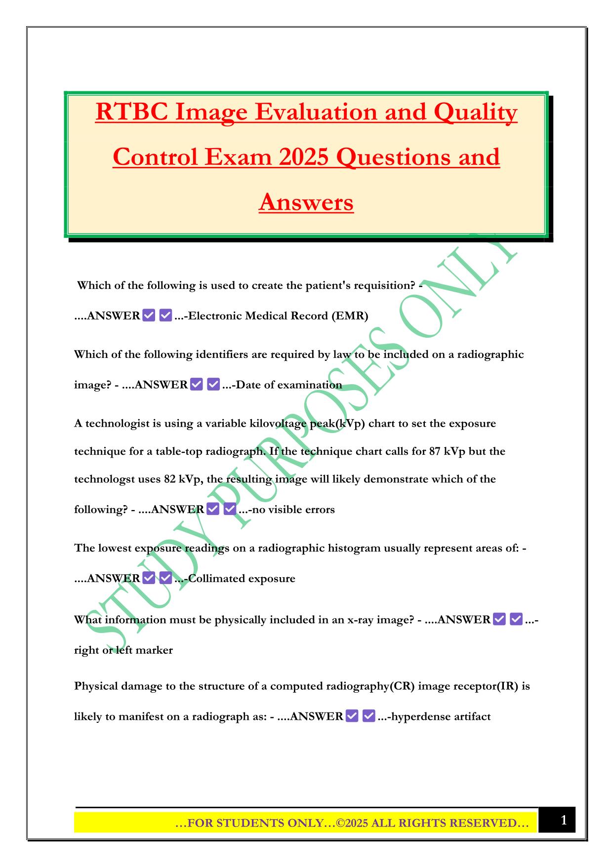 RTBC Image Evaluation and Quality Control Exam 2025 Questions and Answers