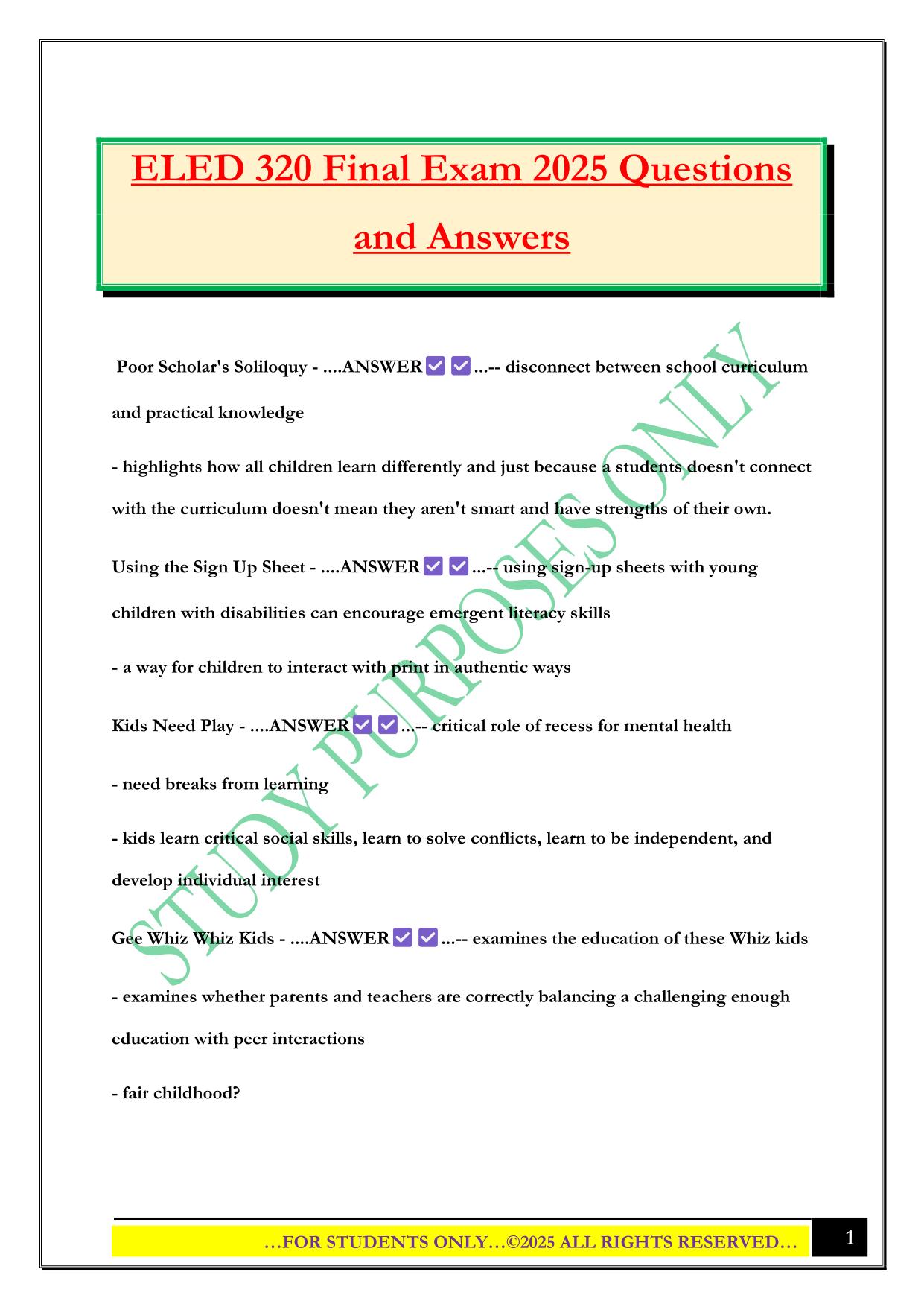 ELED 320 Final Exam 2025 Questions and Answers