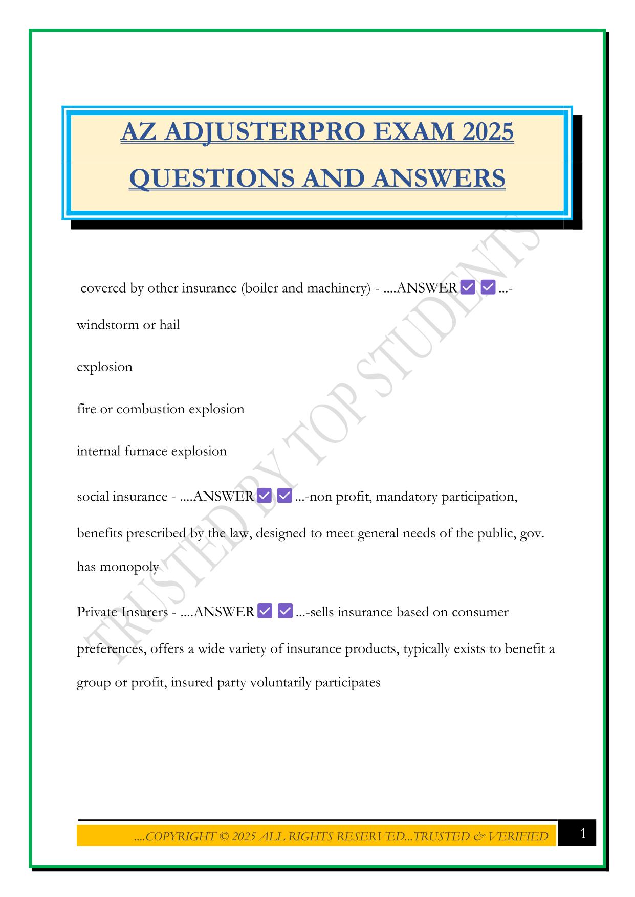 AZ ADJUSTERPRO EXAM 2025 QUESTIONS AND ANSWERS