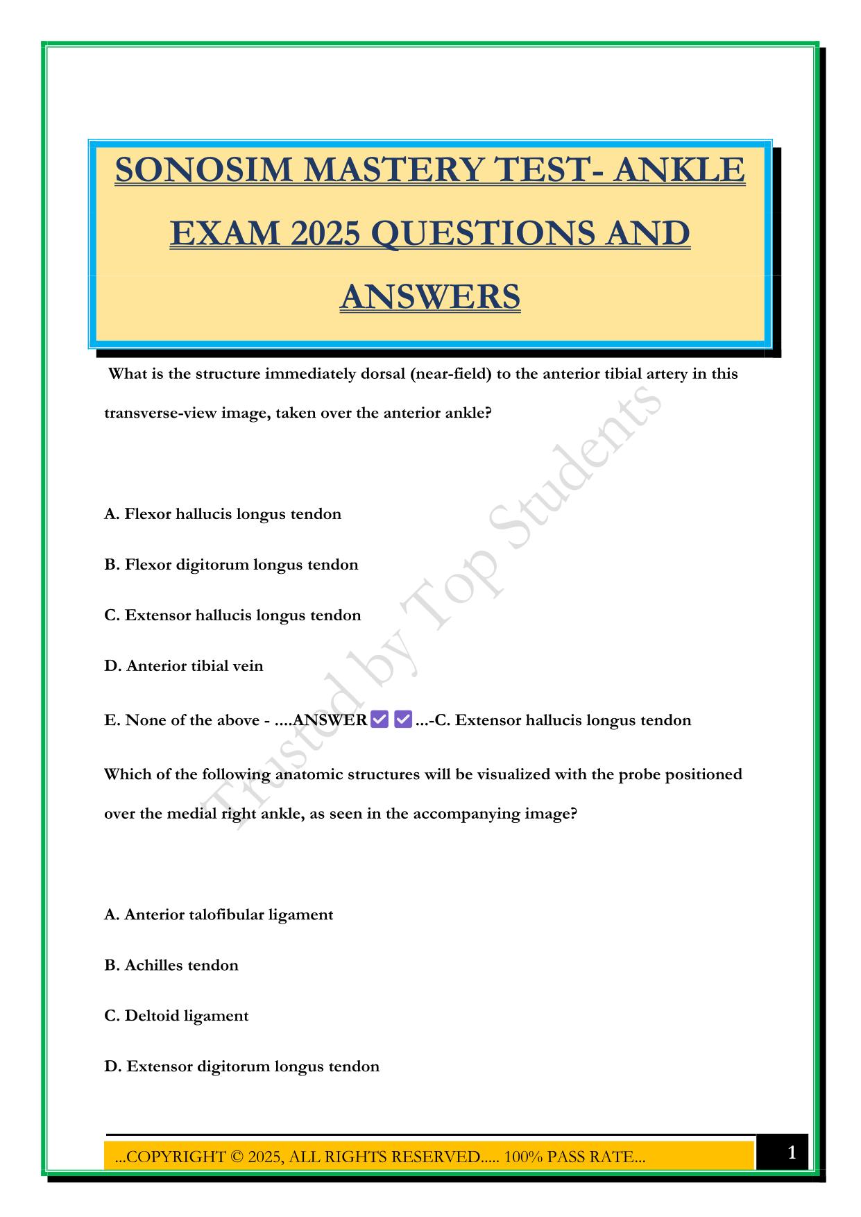 SONOSIM MASTERY TEST- ANKLE EXAM 2025 QUESTIONS AND ANSWERS