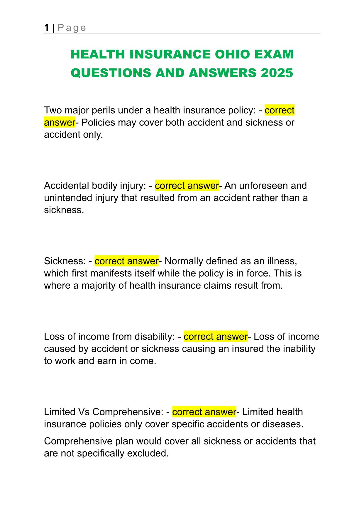 HEALTH INSURANCE OHIO EXAM QUESTIONS AND ANSWERS 2025