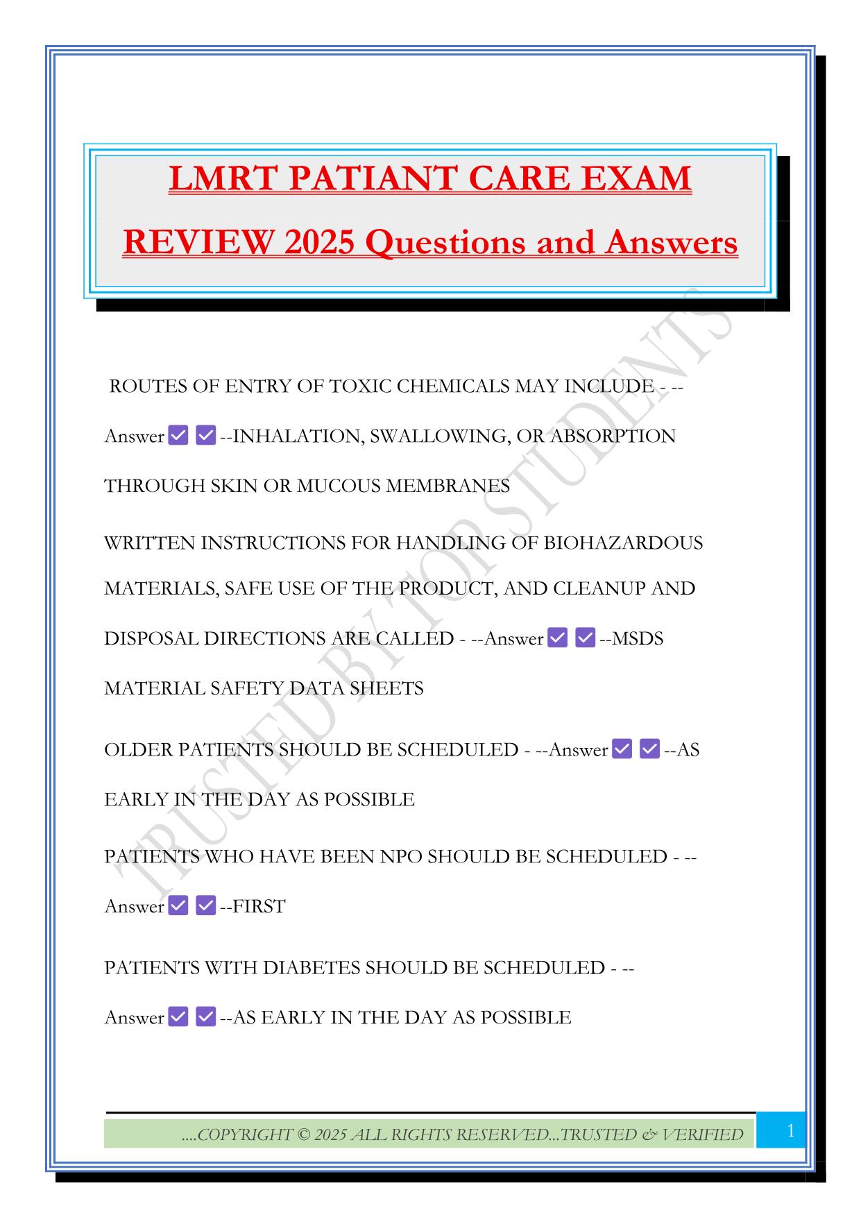 LMRT PATIANT CARE EXAM REVIEW 2025 Questions and Answers