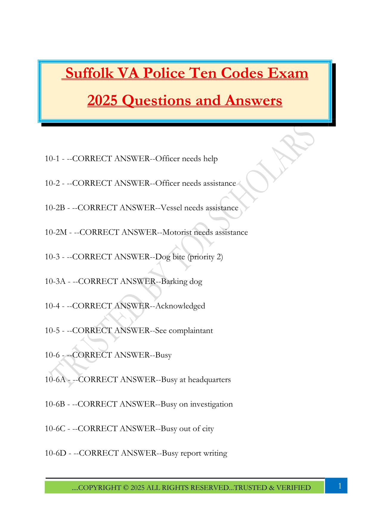 Suffolk VA Police Ten Codes Exam 2025 Questions and Answers