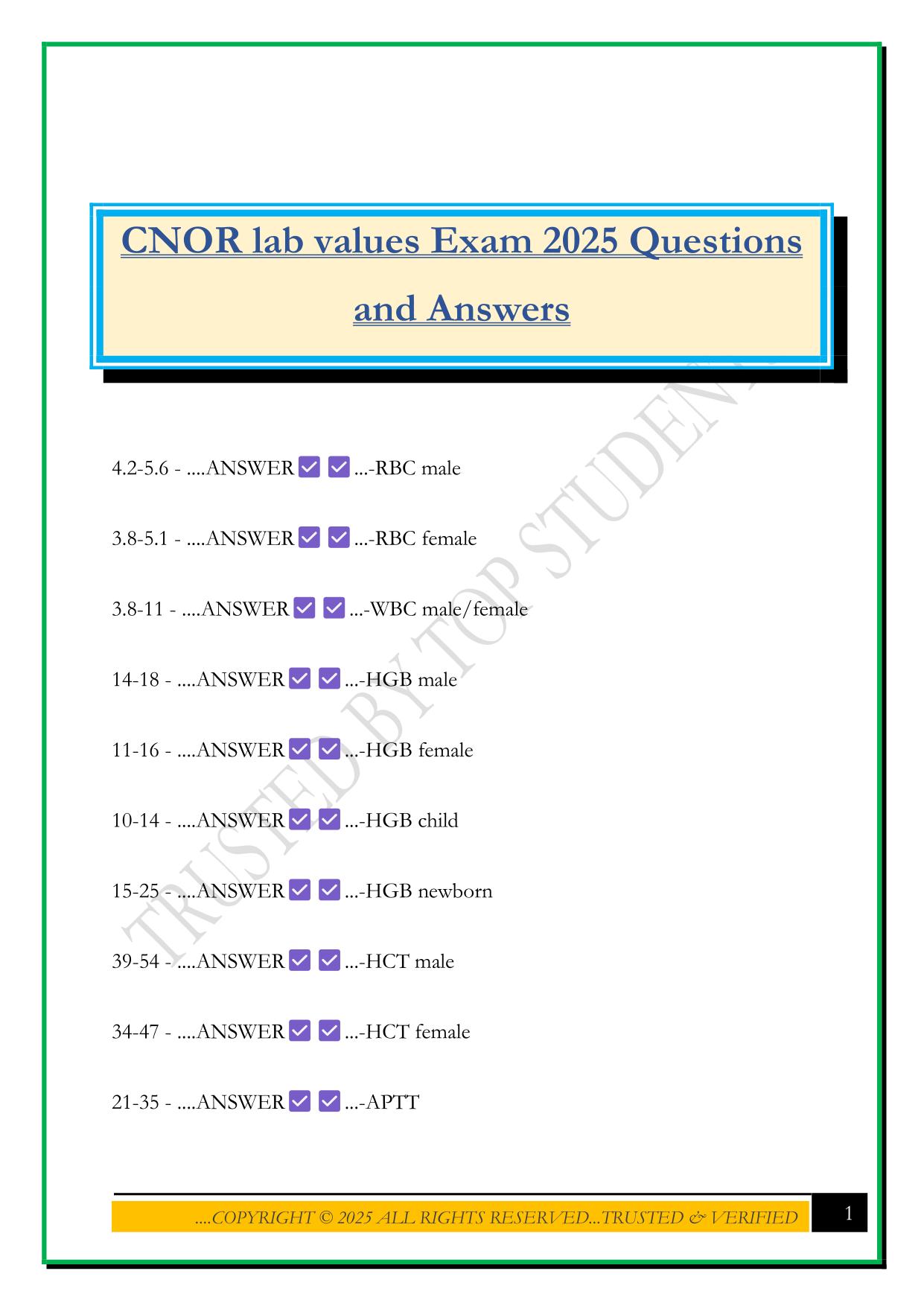 CNOR lab values Exam 2025 Questions and Answers