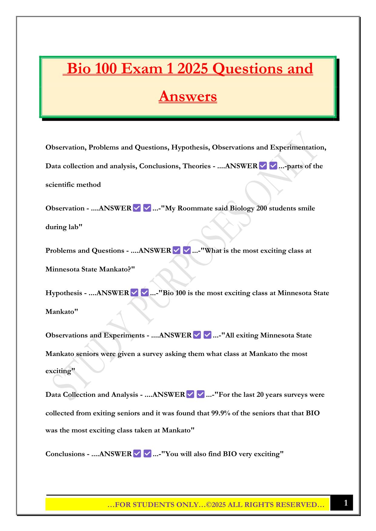 Bio 100 Exam 1 2025 Questions and Answers