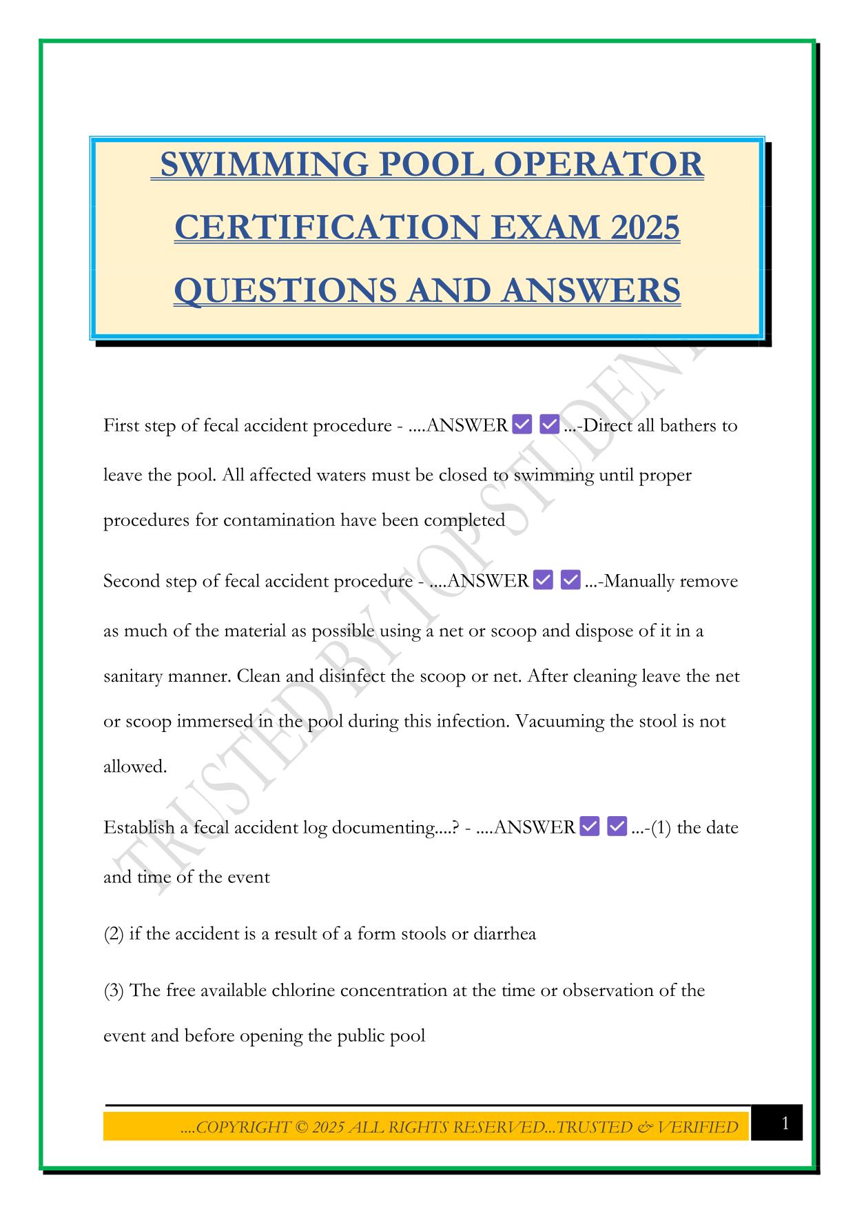SWIMMING POOL OPERATOR CERTIFICATION EXAM 2025 QUESTIONS AND ANSWERS