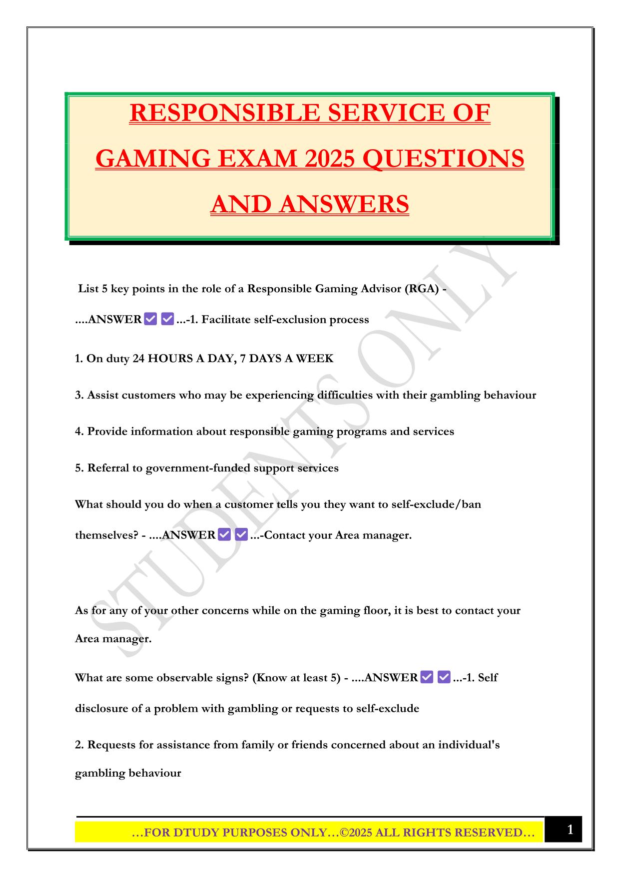 RESPONSIBLE SERVICE OF GAMING EXAM 2025 QUESTIONS AND ANSWERS