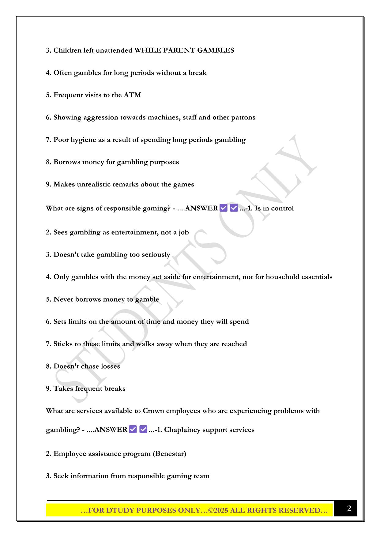 RESPONSIBLE SERVICE OF GAMING EXAM 2025 QUESTIONS AND ANSWERS