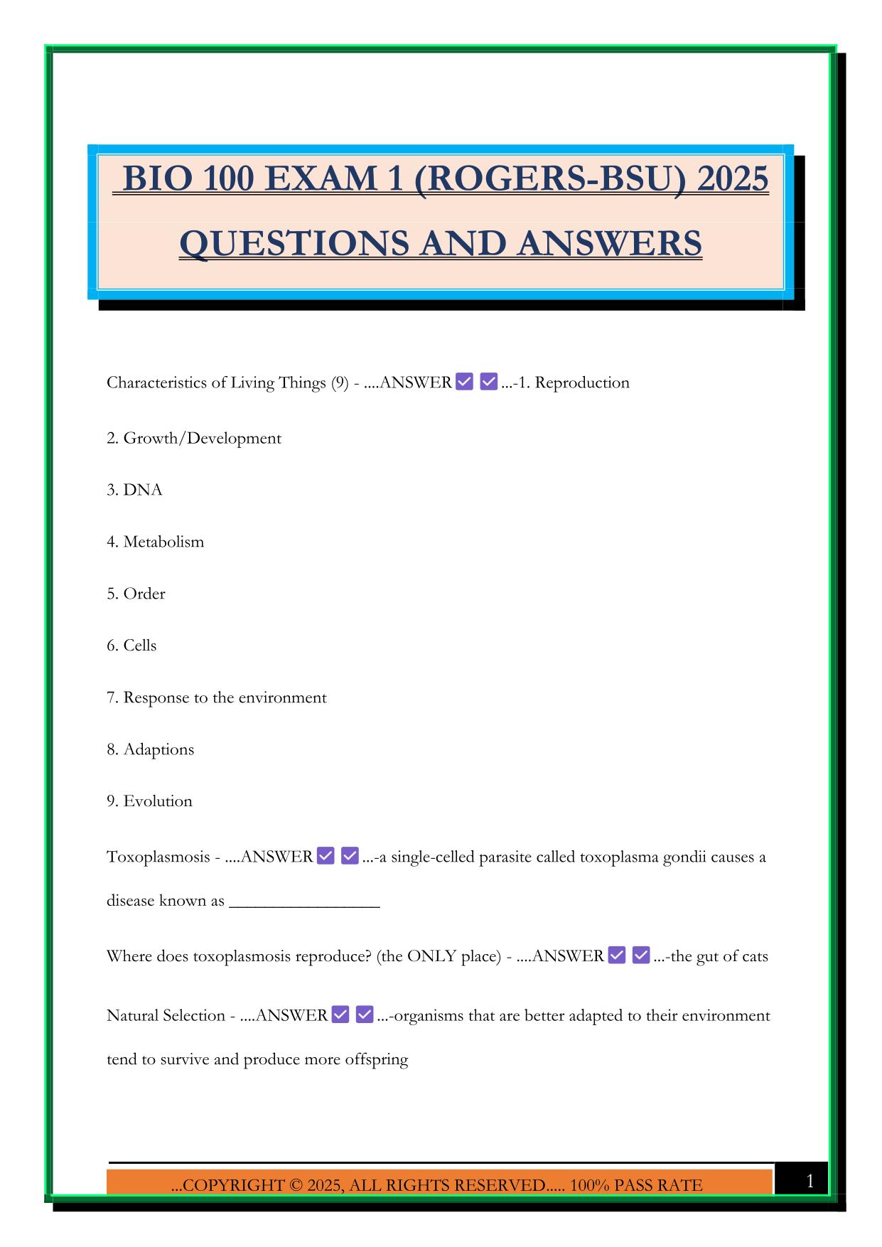 BIO 100 EXAM 1 (ROGERS-BSU) 2025 QUESTIONS AND ANSWERS