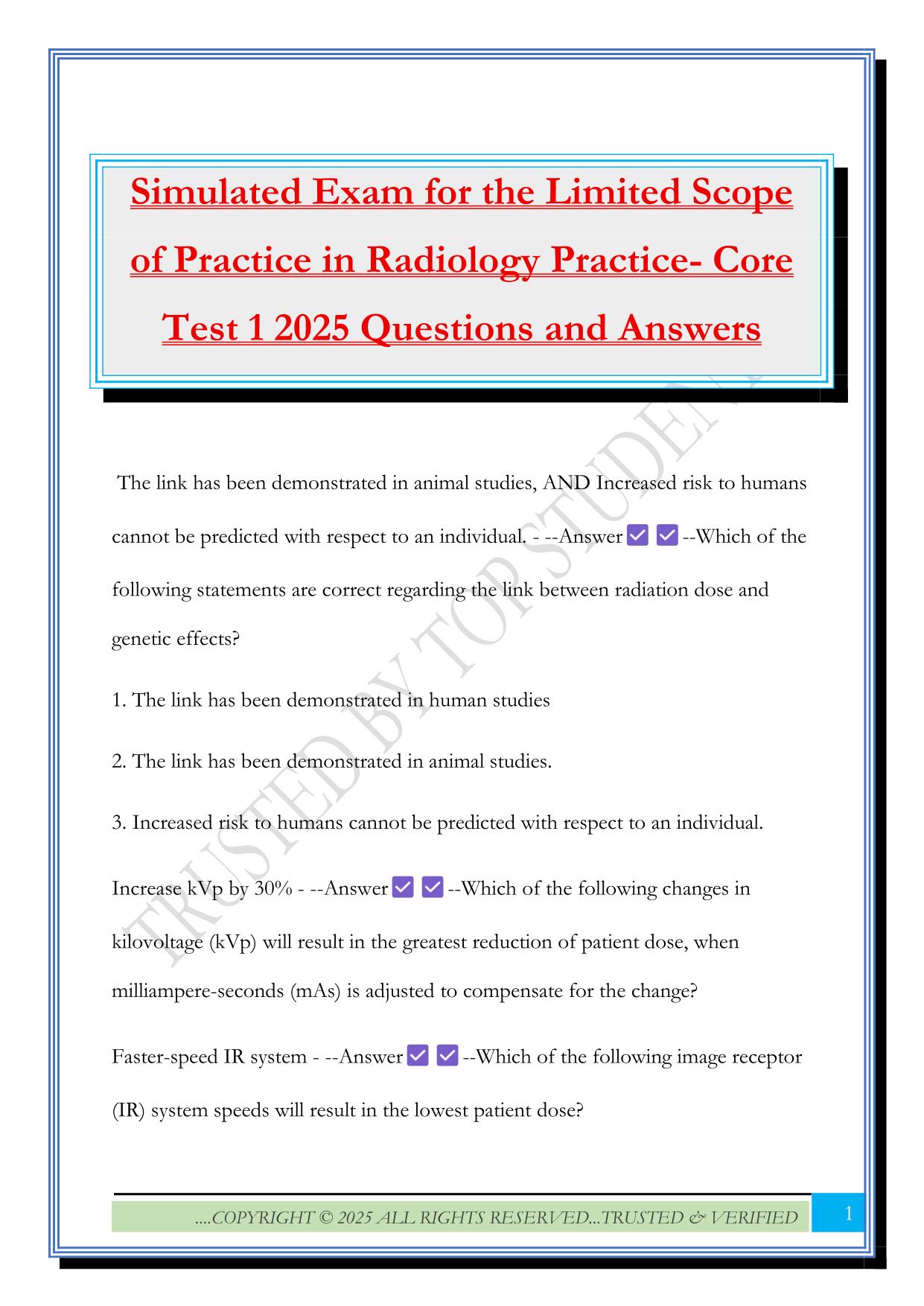 Simulated Exam for the Limited Scope of Practice in Radiology Practice- Core Test 1 2025 Questions and Answers