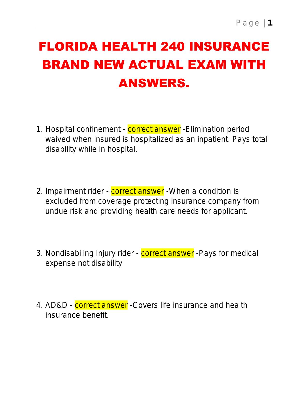 FLORIDA HEALTH 240 INSURANCE BRAND NEW ACTUAL EXAM WITH ANSWERS.