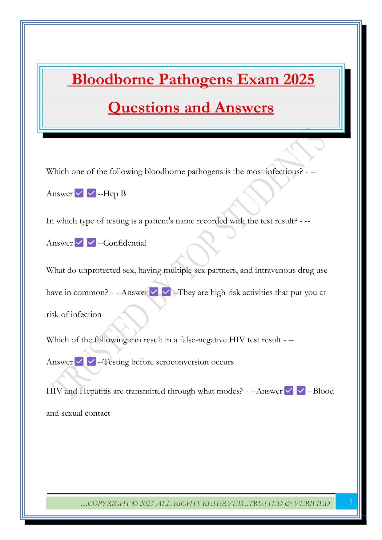 Bloodborne Pathogens Exam 2025 Questions and Answers