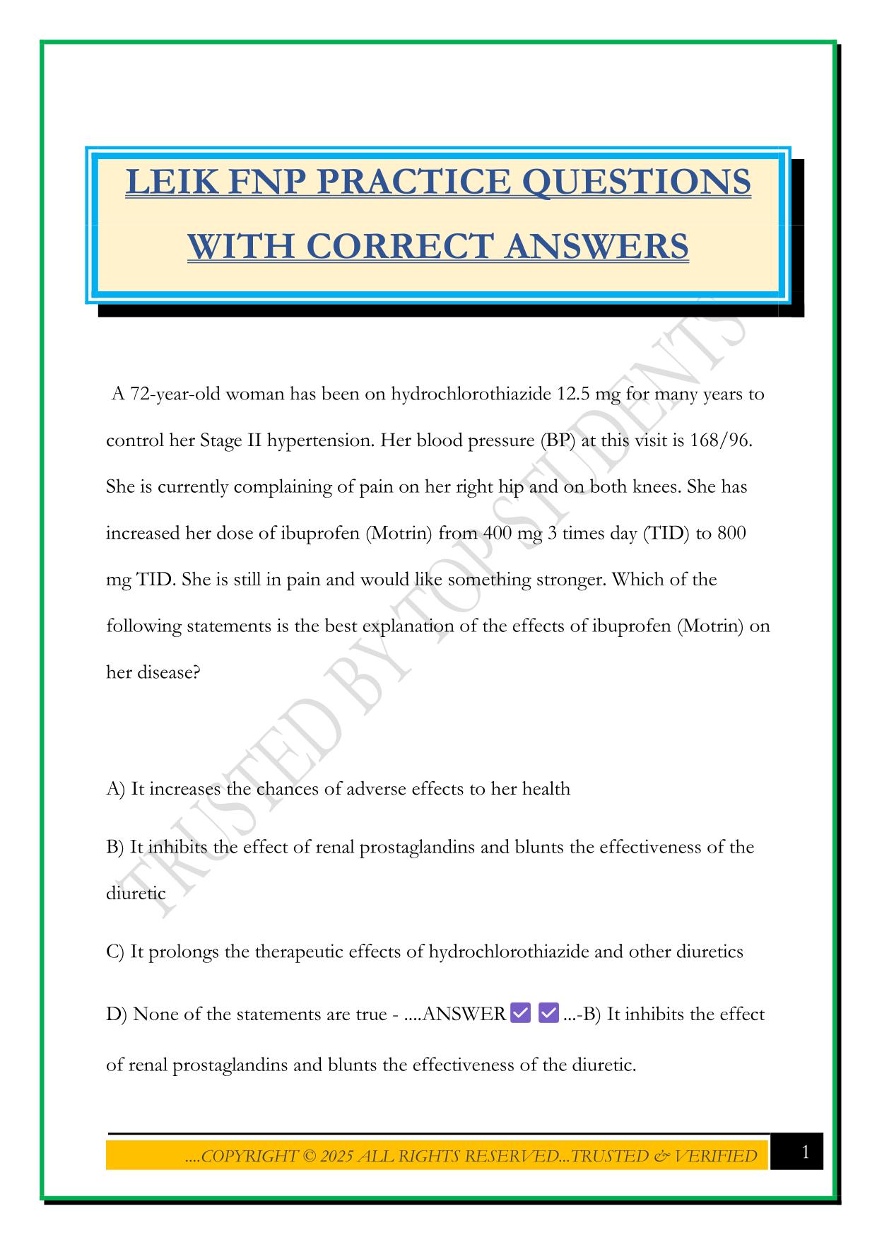 LEIK FNP PRACTICE QUESTIONS WITH CORRECT ANSWERS