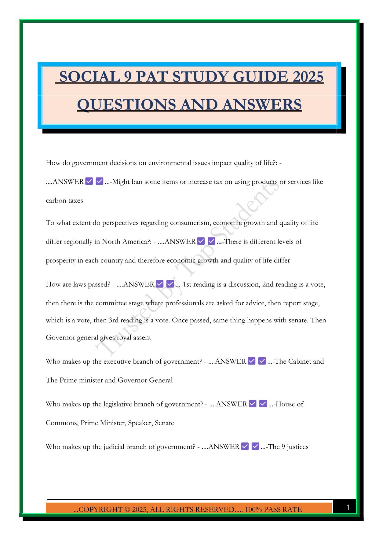 SOCIAL 9 PAT STUDY GUIDE 2025 QUESTIONS AND ANSWERS