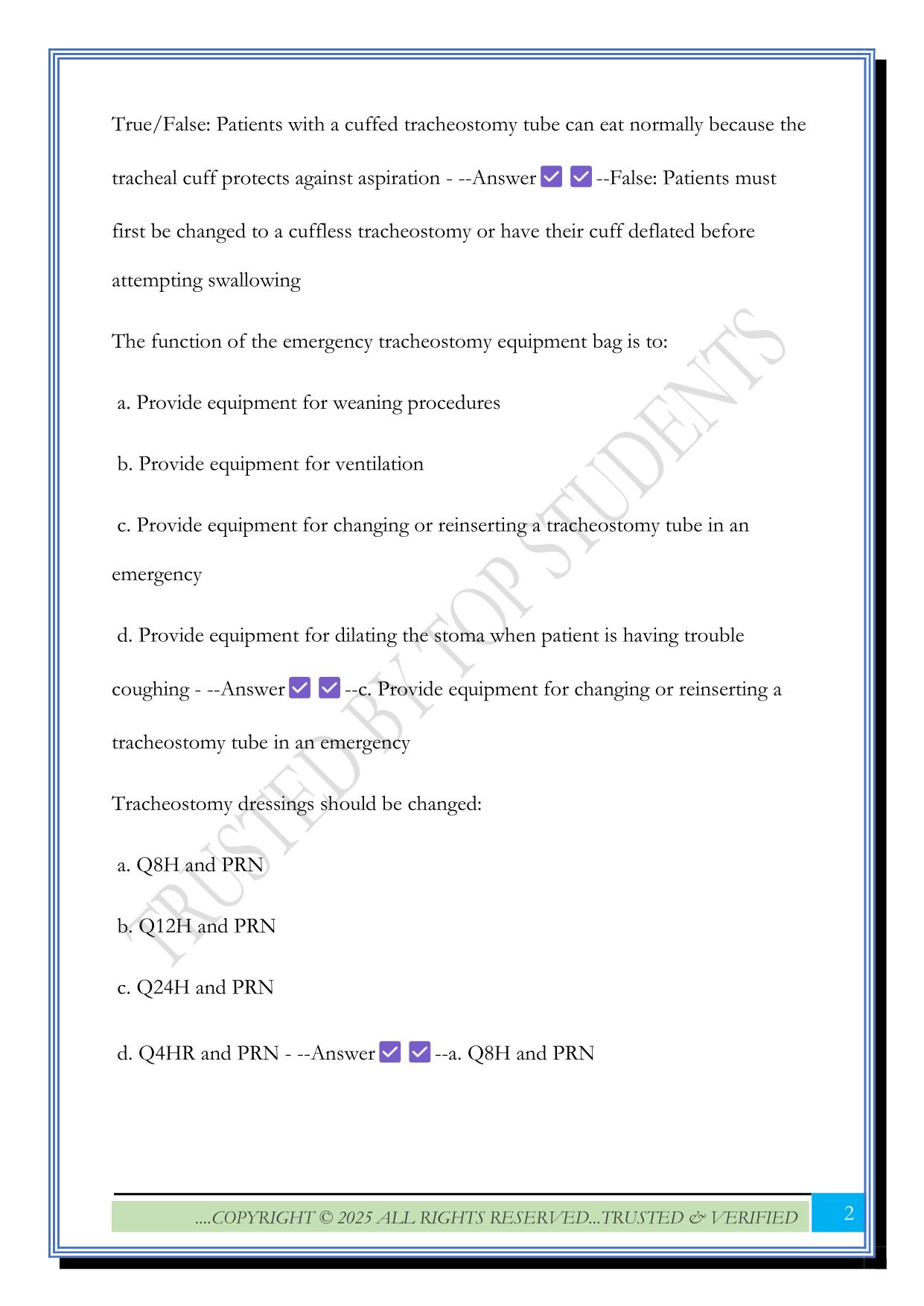 Tracheostomy Care, ATI skills- airway management Exam 2025 Questions and Answers