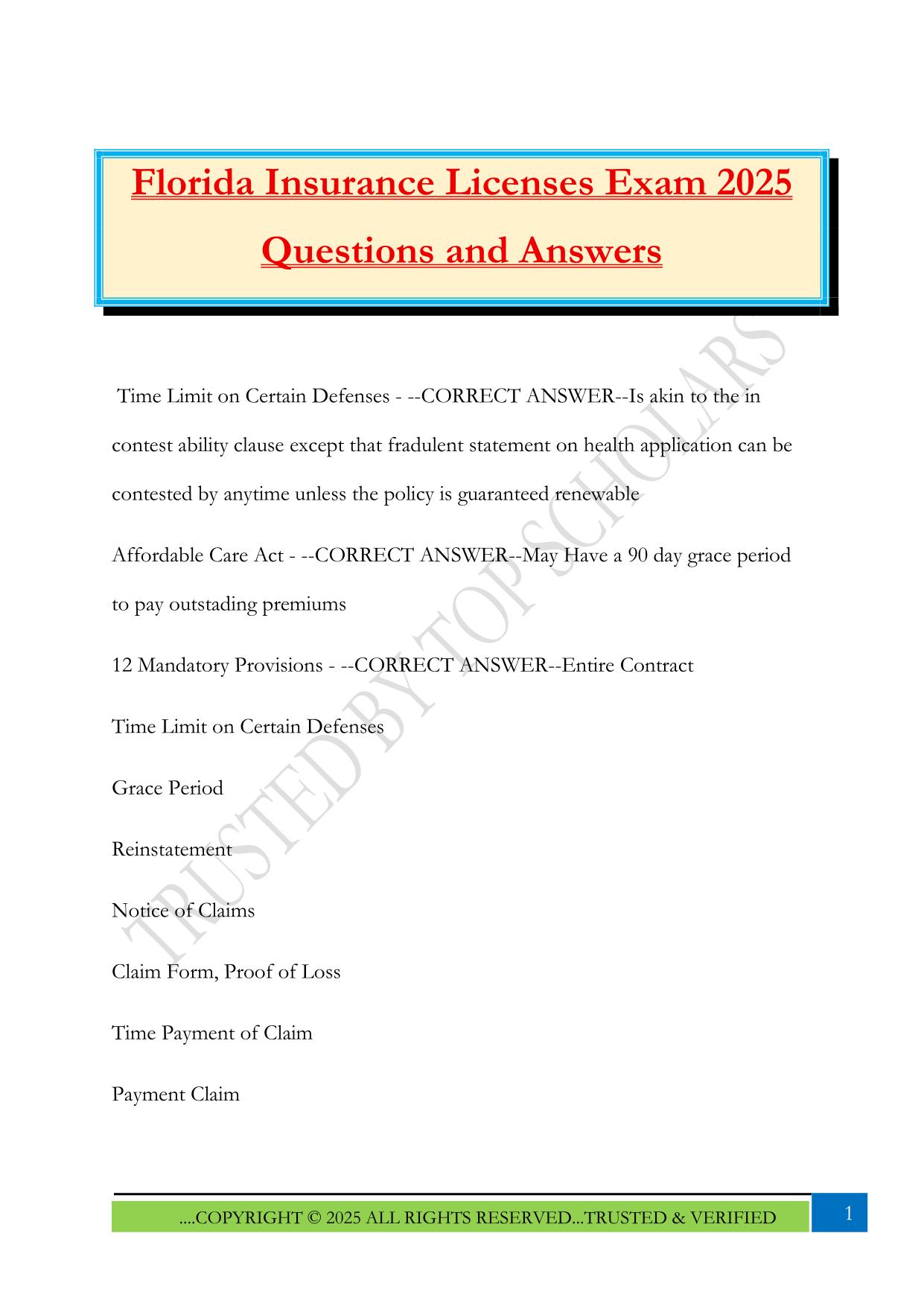 Florida Insurance Licenses Exam 2025 Questions and Answers