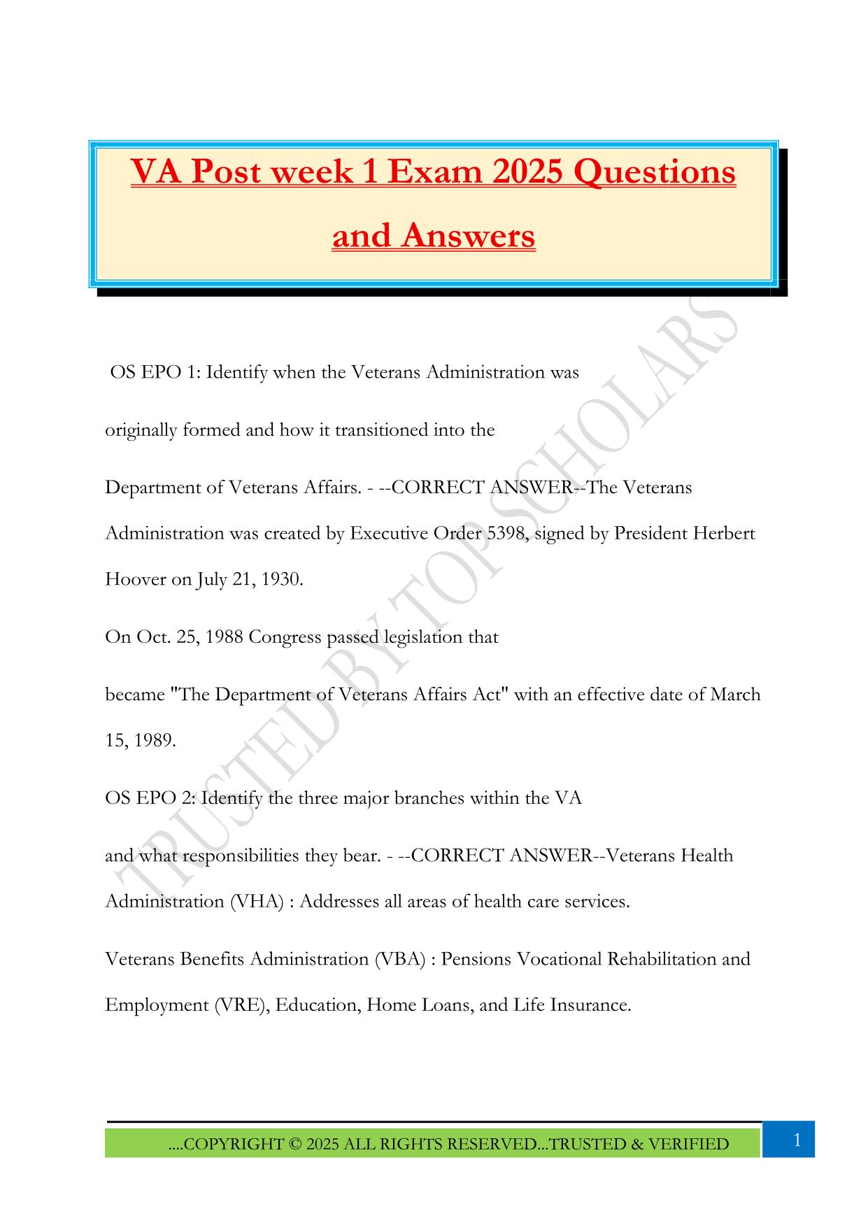 VA Post week 1 Exam 2025 Questions and Answers