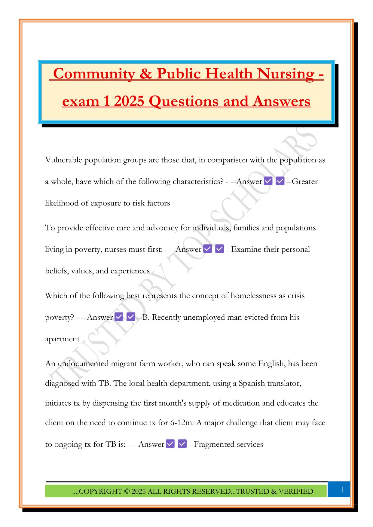 Community & Public Health Nursing - exam 1 2025 Questions and Answers