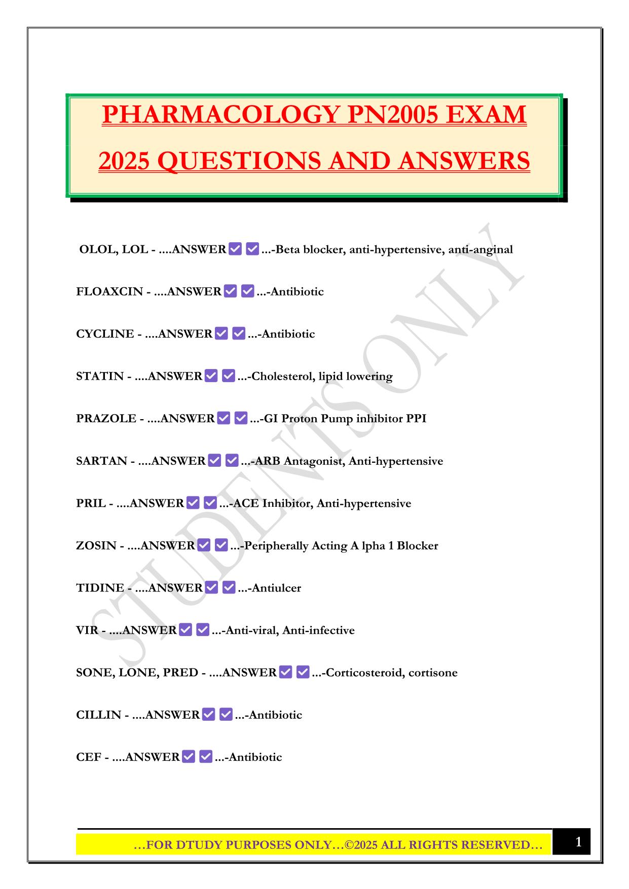 PHARMACOLOGY PN2005 EXAM 2025 QUESTIONS AND ANSWERS