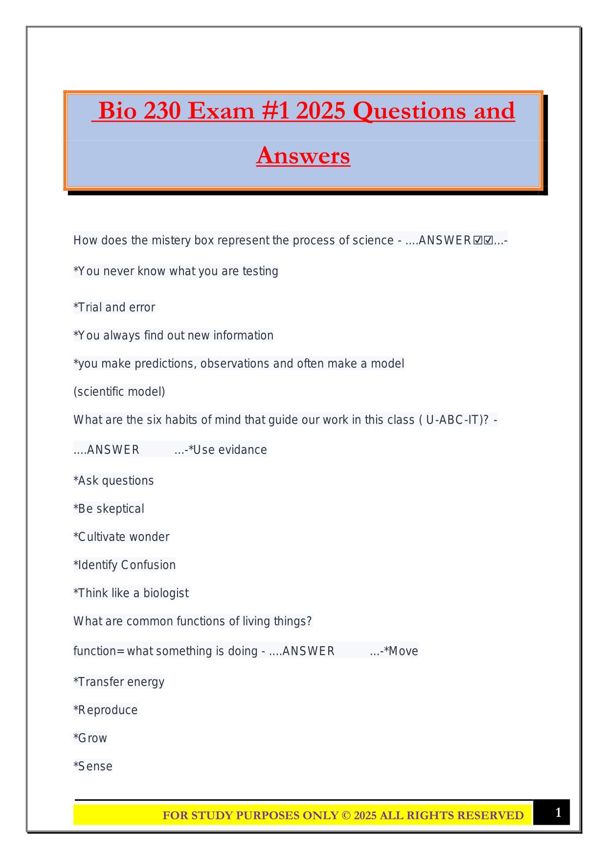 Bio 230 Exam #1 2025 Questions and Answers