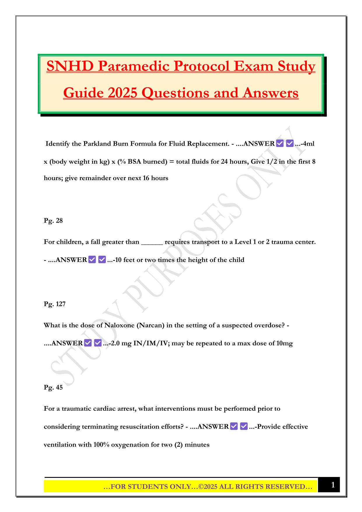 SNHD Paramedic Protocol Exam Study Guide 2025 Questions and Answers