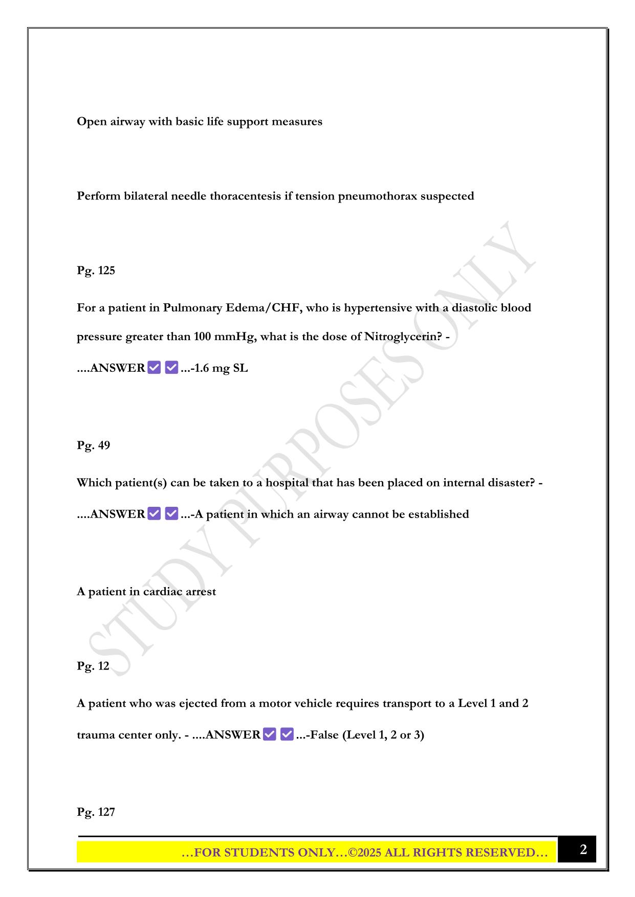 SNHD Paramedic Protocol Exam Study Guide 2025 Questions and Answers