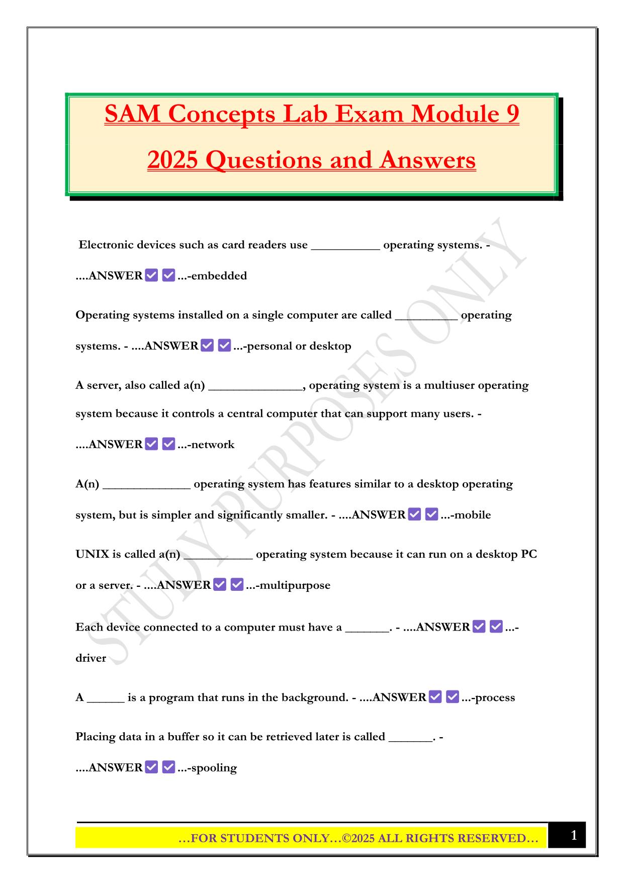 SAM Concepts Lab Exam Module 9 2025 Questions and Answers