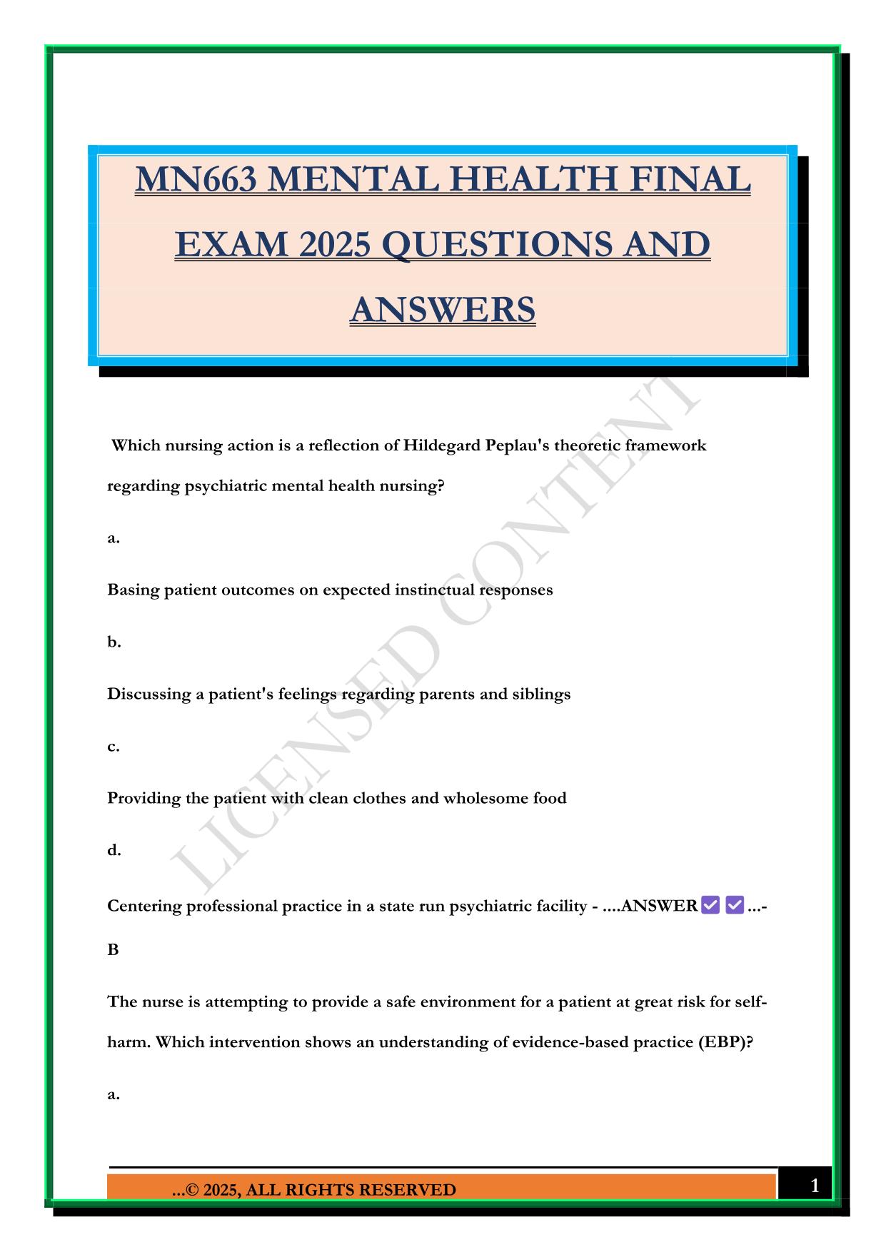 MN663 MENTAL HEALTH FINAL EXAM 2025 QUESTIONS AND ANSWERS