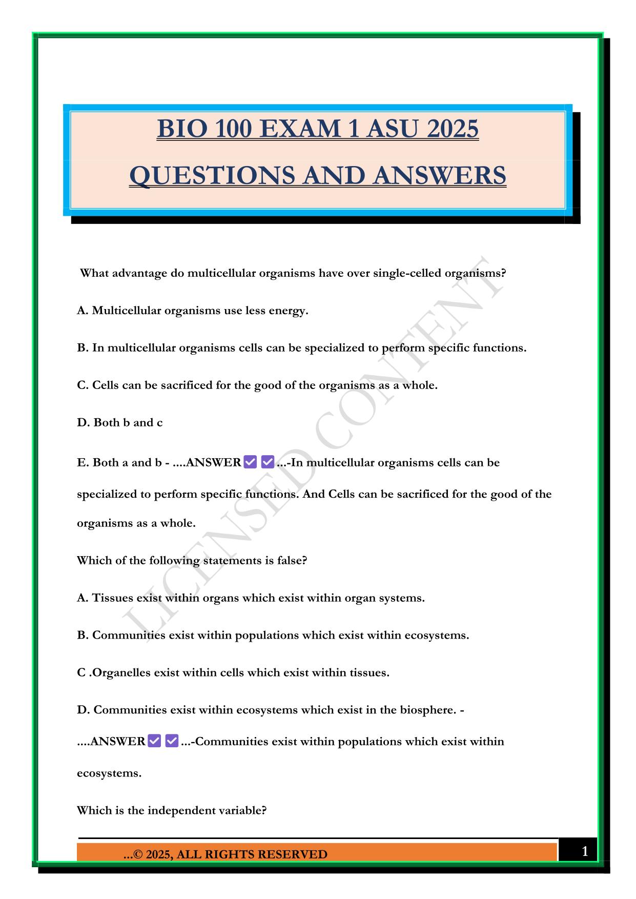 BIO 100 EXAM 1 ASU 2025 QUESTIONS AND ANSWERS