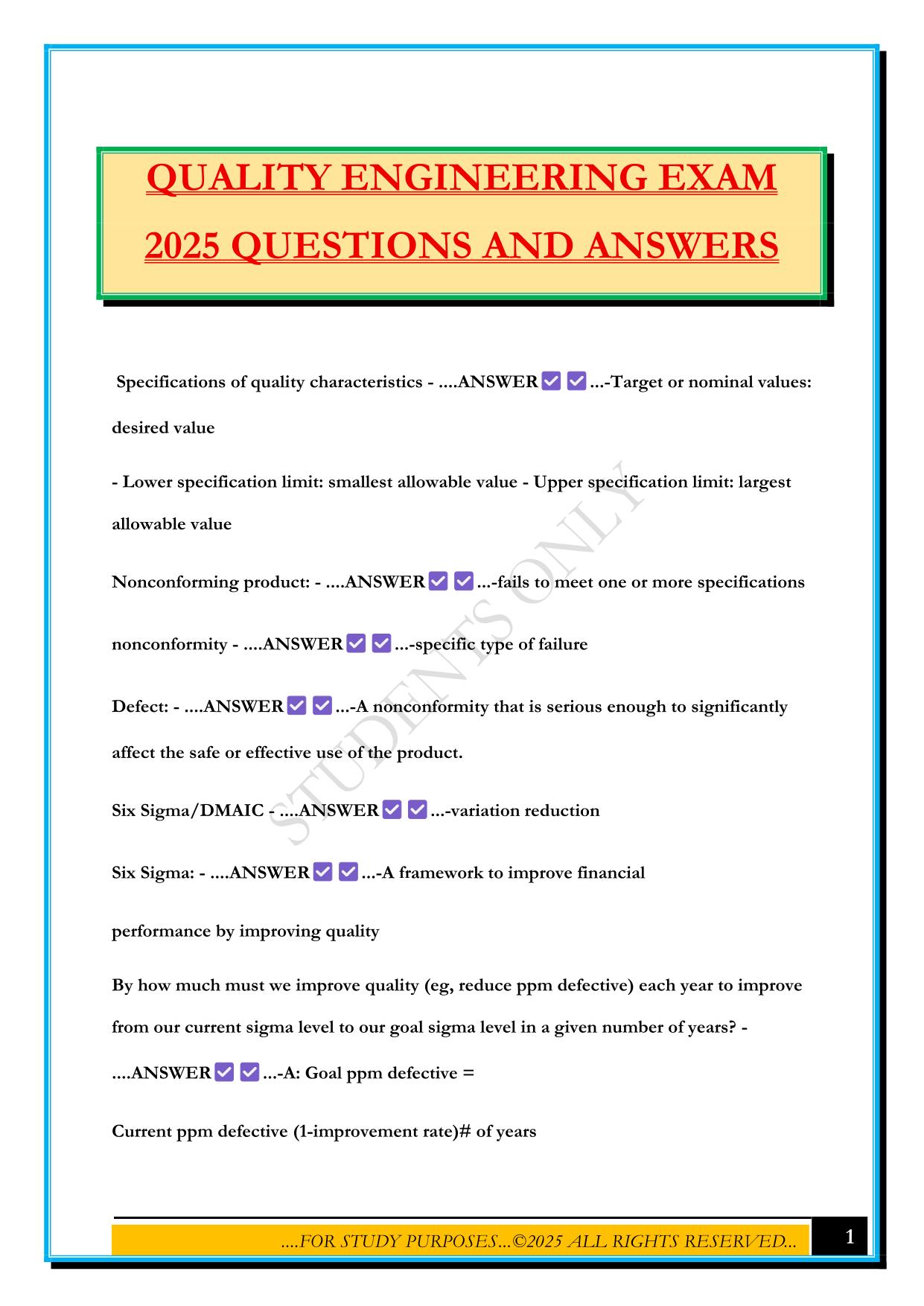 QUALITY ENGINEERING EXAM 2025 QUESTIONS AND ANSWERS
